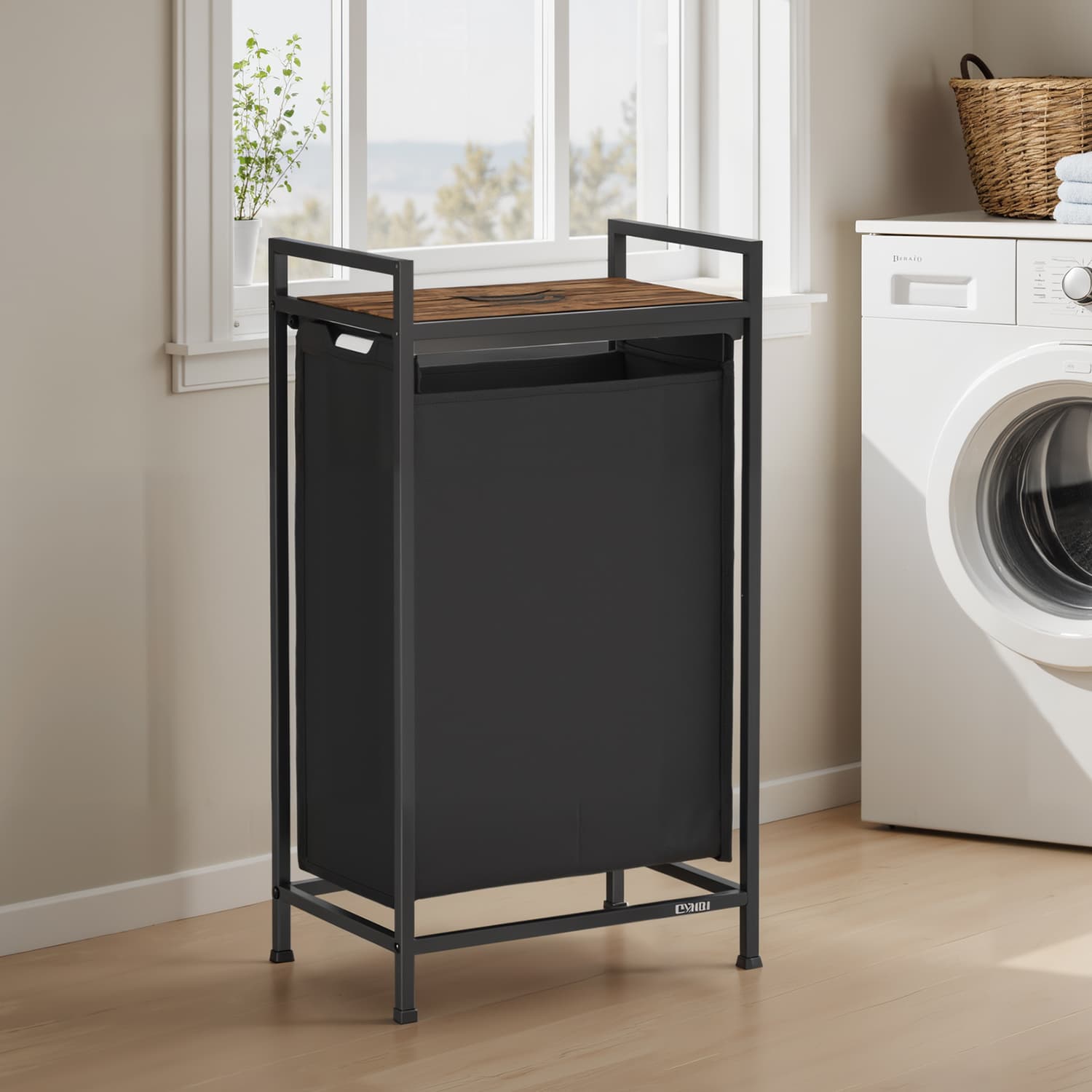 Laundry Hamper - Metal - Rustic Brown and Black - Pull-Out Liner with Shelf