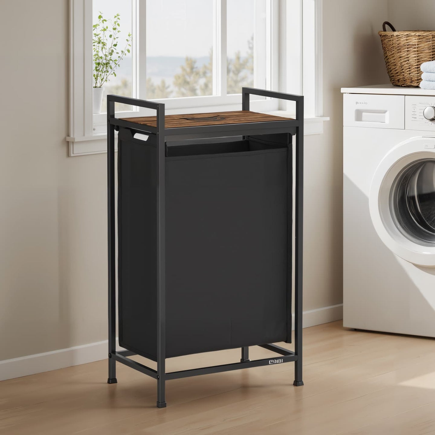 Laundry Hamper - Metal - Rustic Brown and Black - Pull-Out Liner with Shelf