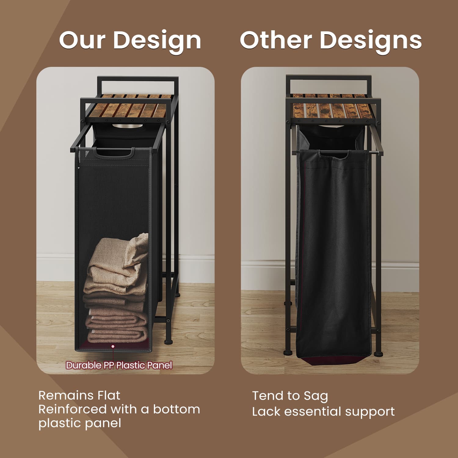 Laundry Hamper - Metal - Rustic Brown and Black - Pull-Out Liner with Shelf