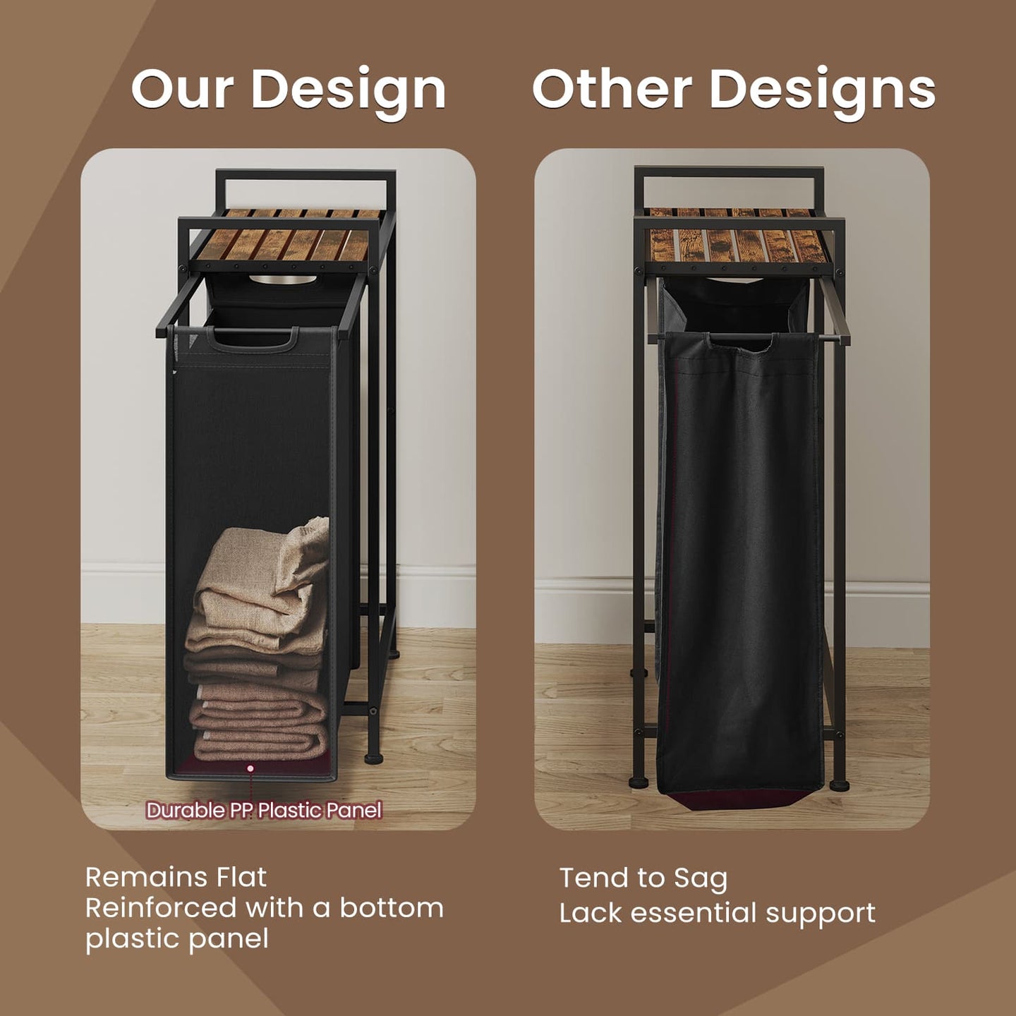 Laundry Hamper - Metal - Rustic Brown and Black - Pull-Out Liner with Shelf