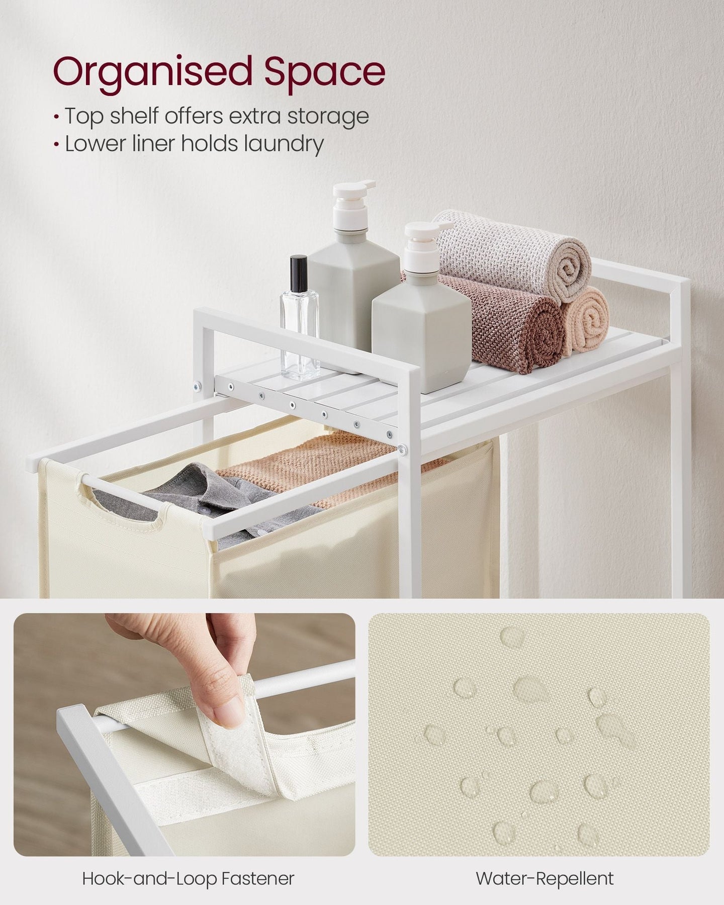 Pull-Out Laundry Basket - Metal Frame - Cream White - Removable Laundry Bag