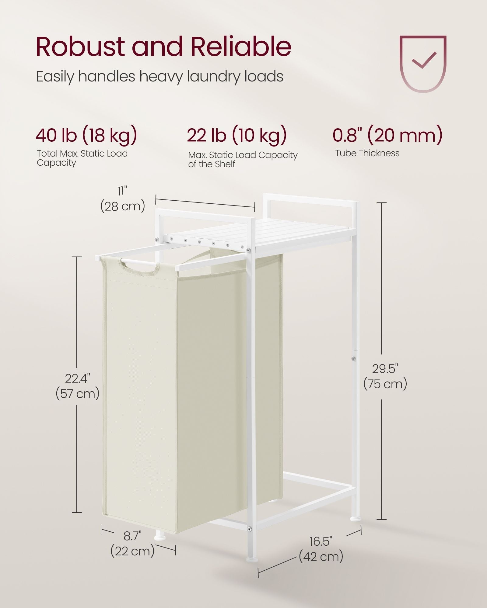 Pull-Out Laundry Basket - Metal Frame - Cream White - Removable Laundry Bag