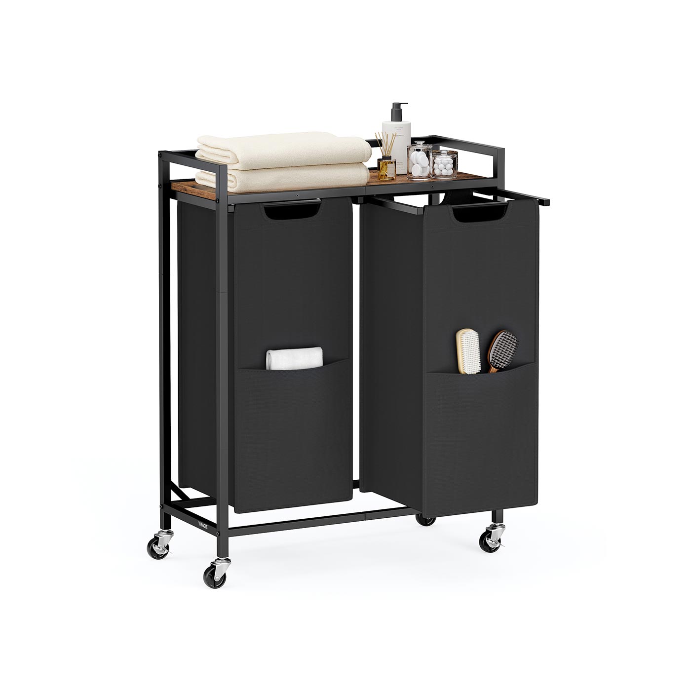 Laundry Basket - Fabric - Ink Black - 2 Compartment Hamper with Wheels and Storage Shelf