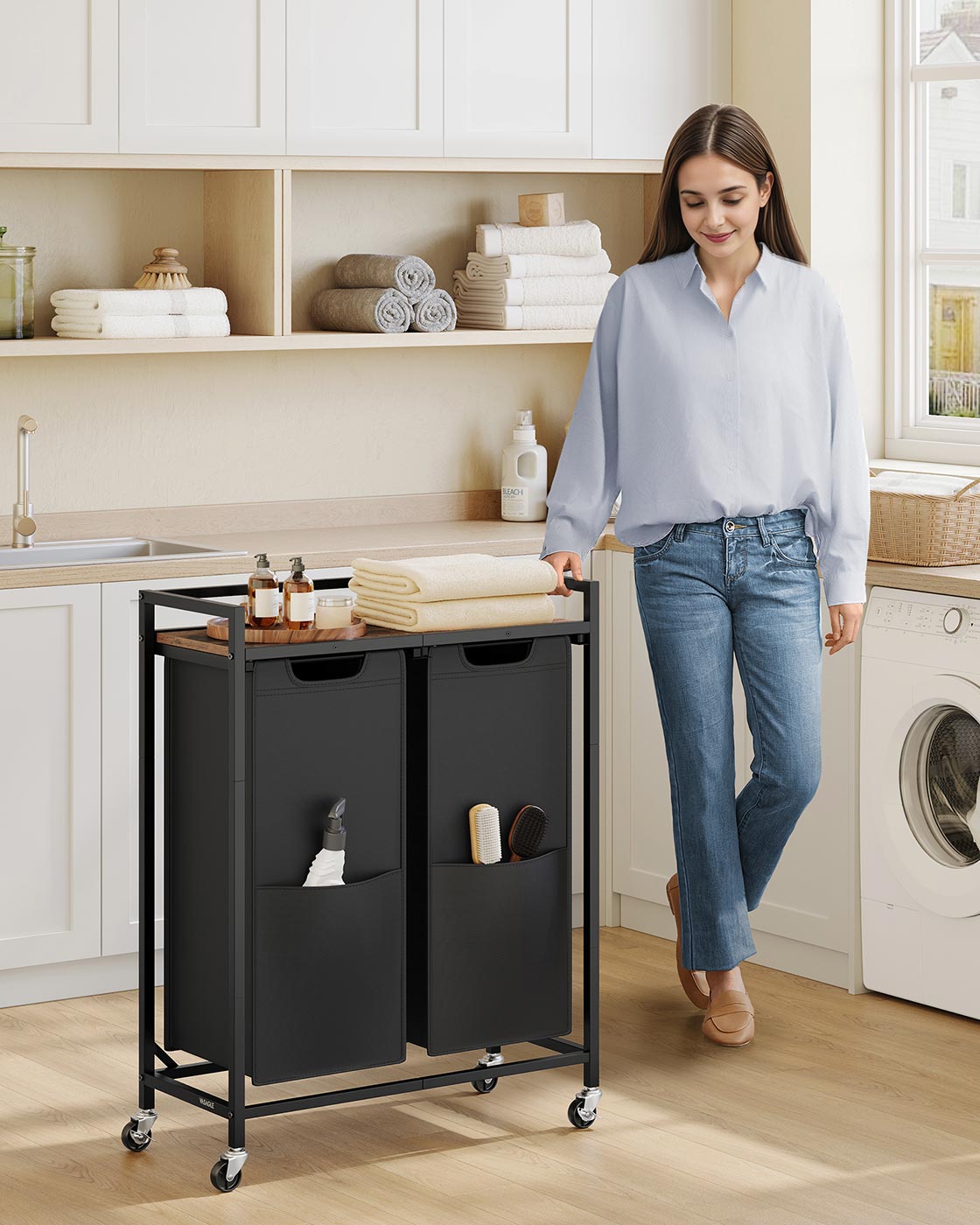 Laundry Basket - Fabric - Ink Black - 2 Compartment Hamper with Wheels and Storage Shelf