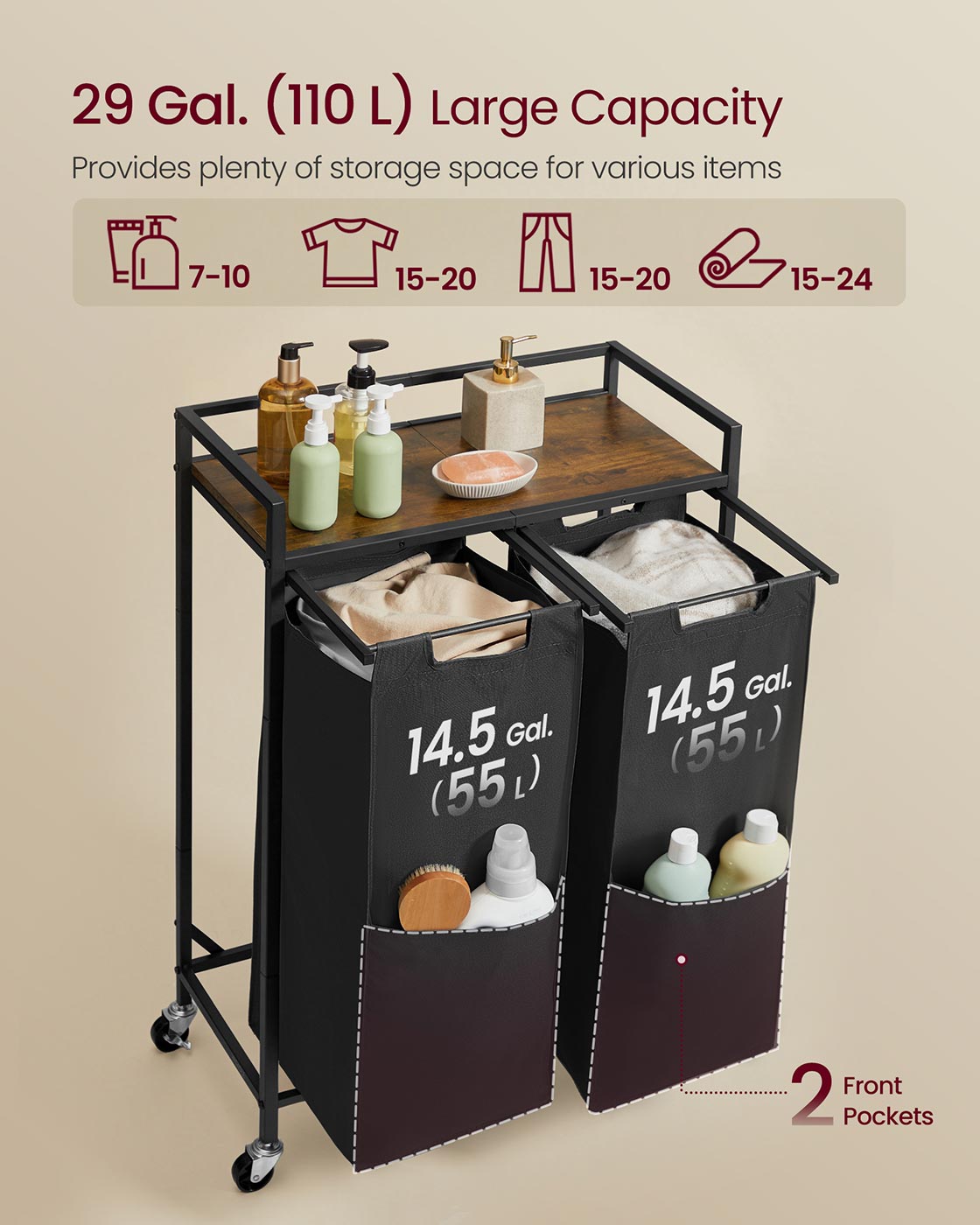 Laundry Basket - Fabric - Ink Black - 2 Compartment Hamper with Wheels and Storage Shelf