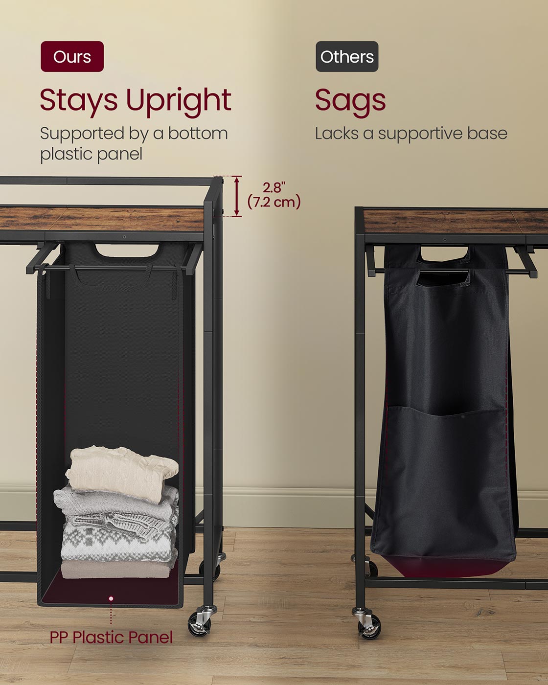 Laundry Basket - Fabric - Ink Black - 2 Compartment Hamper with Wheels and Storage Shelf
