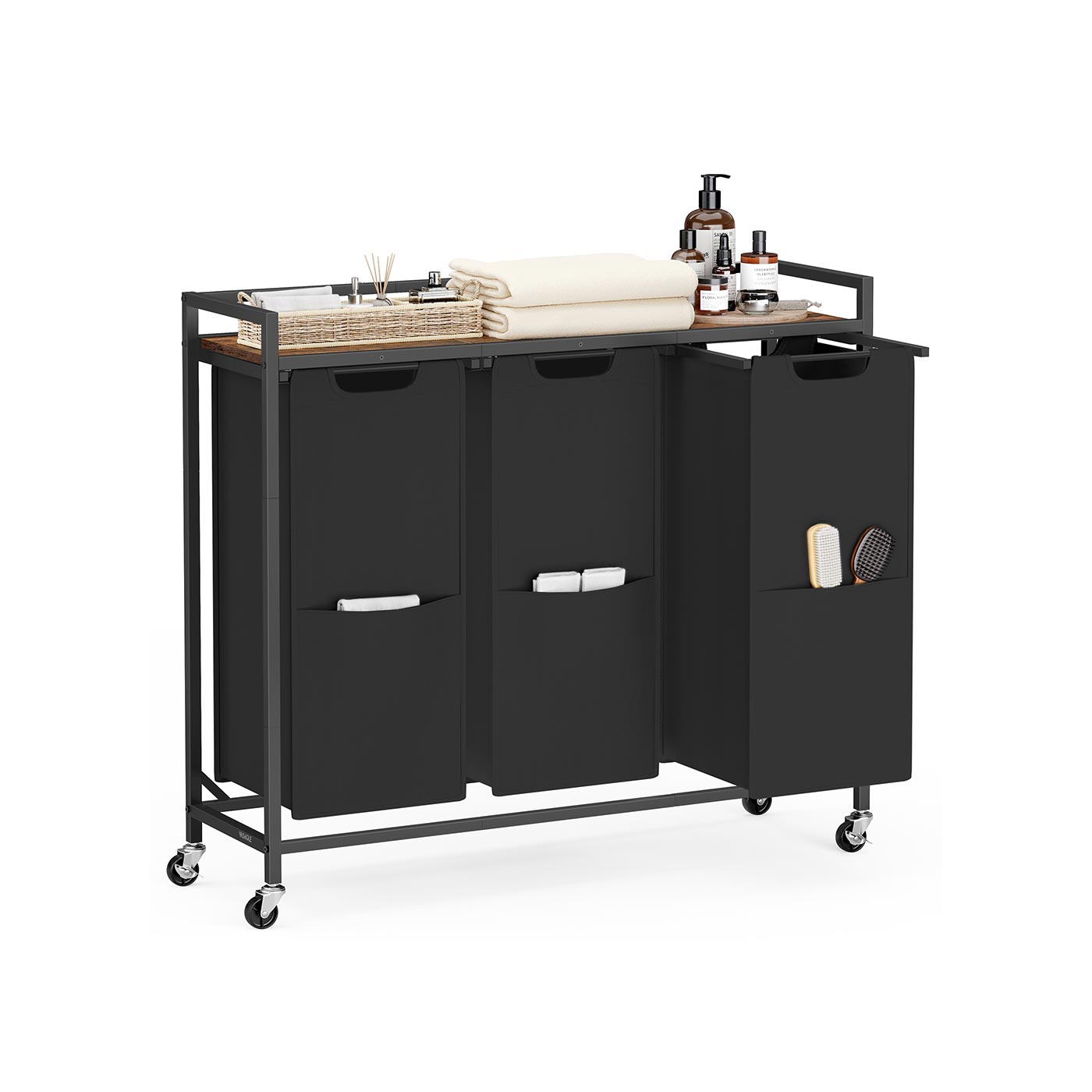 Laundry Basket - Plastic - Ink Black - 3 Compartments with Wheels and Storage Shelf