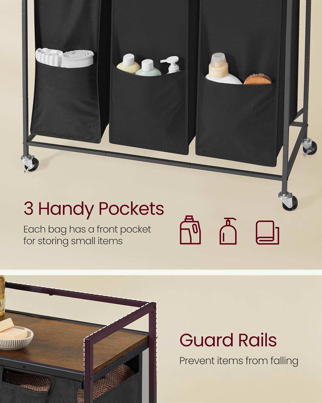 Laundry Basket - Plastic - Ink Black - 3 Compartments with Wheels and Storage Shelf
