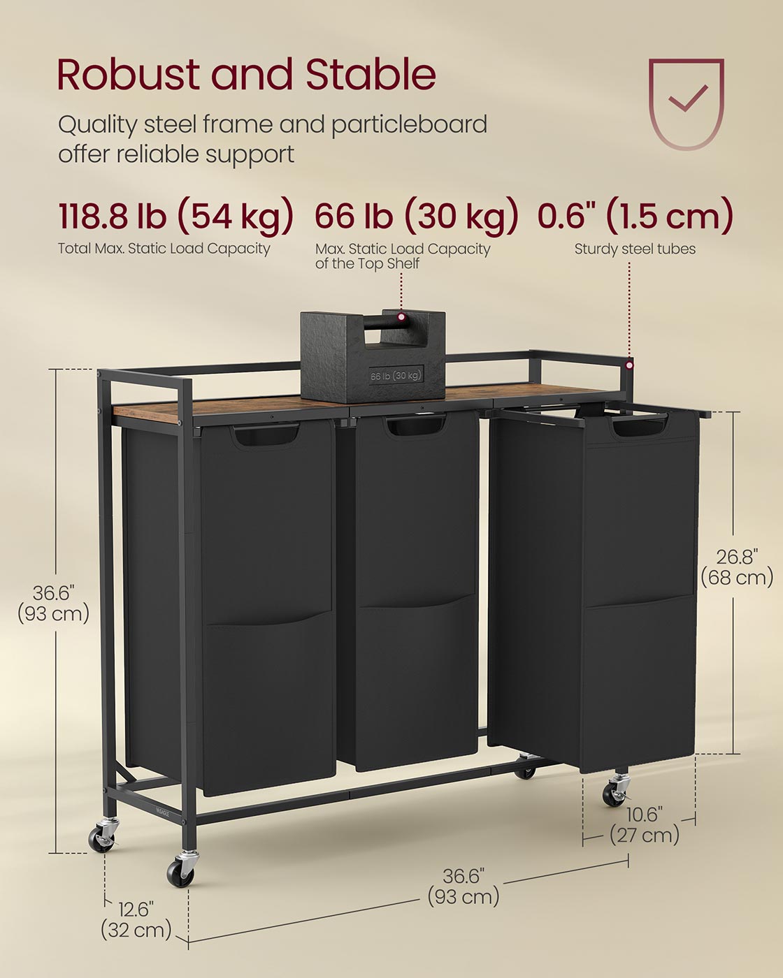 Laundry Basket - Plastic - Ink Black - 3 Compartments with Wheels and Storage Shelf