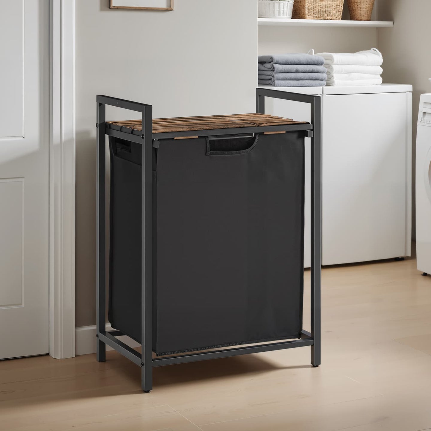 Laundry Hamper - Metal - Rustic Brown and Black - Pull-Out Liner with Shelf