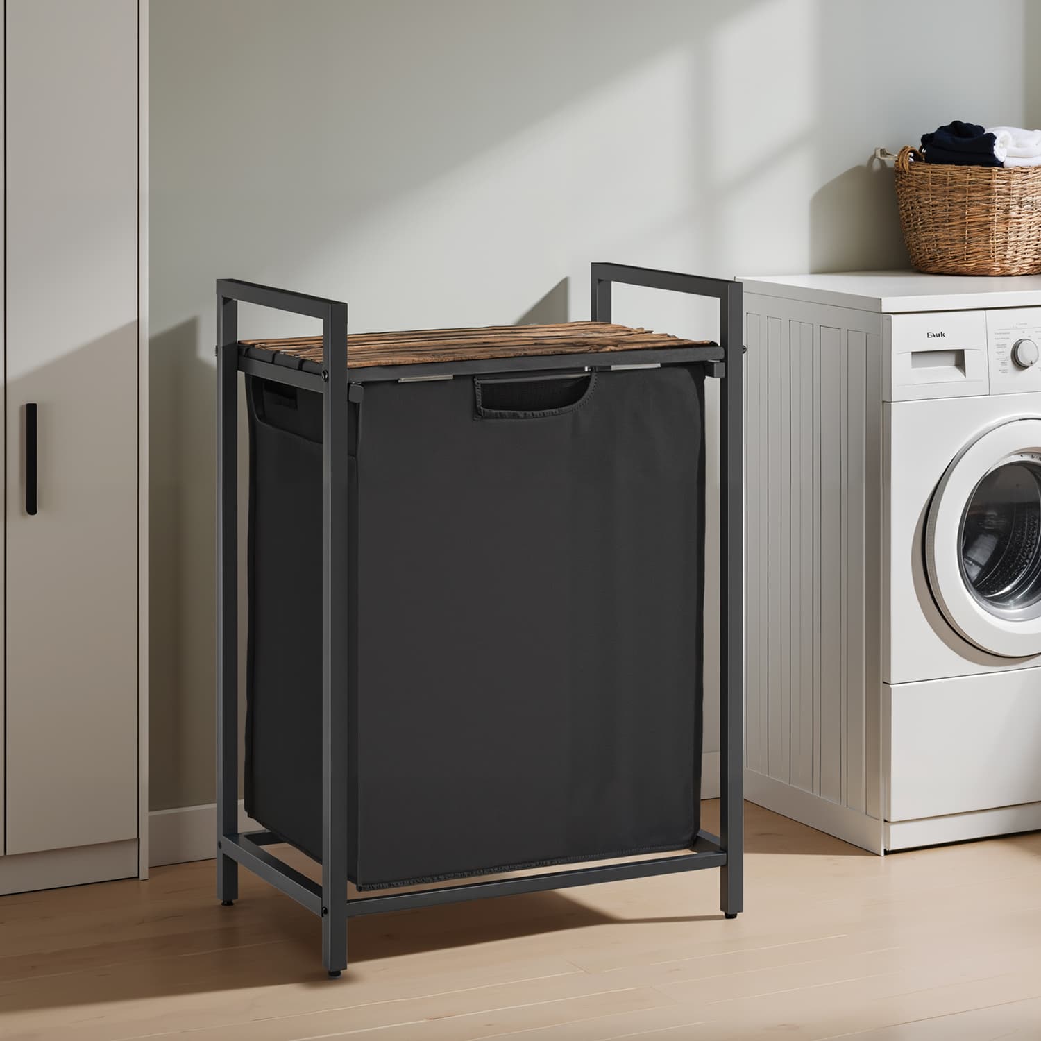 Laundry Hamper - Metal - Rustic Brown and Black - Pull-Out Liner with Shelf