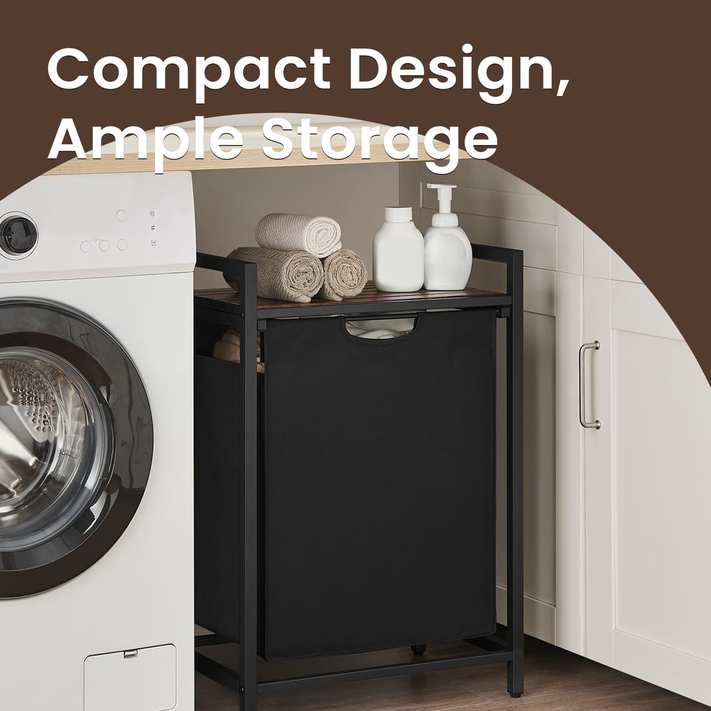 Laundry Hamper - Metal - Rustic Brown and Black - Pull-Out Liner with Shelf