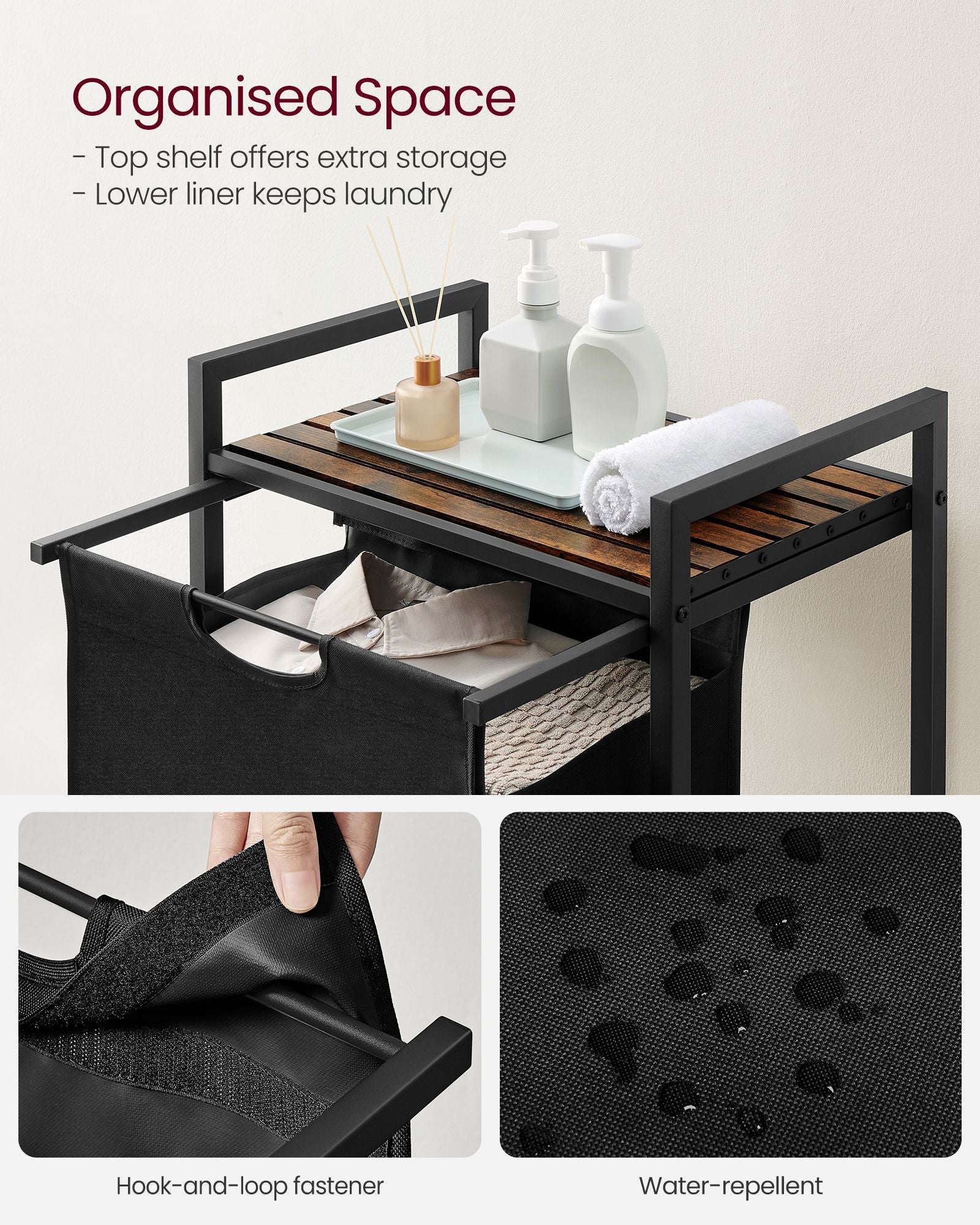 Laundry Basket - Metal Frame - Rustic Brown and Black - Pull-Out and Removable Bag