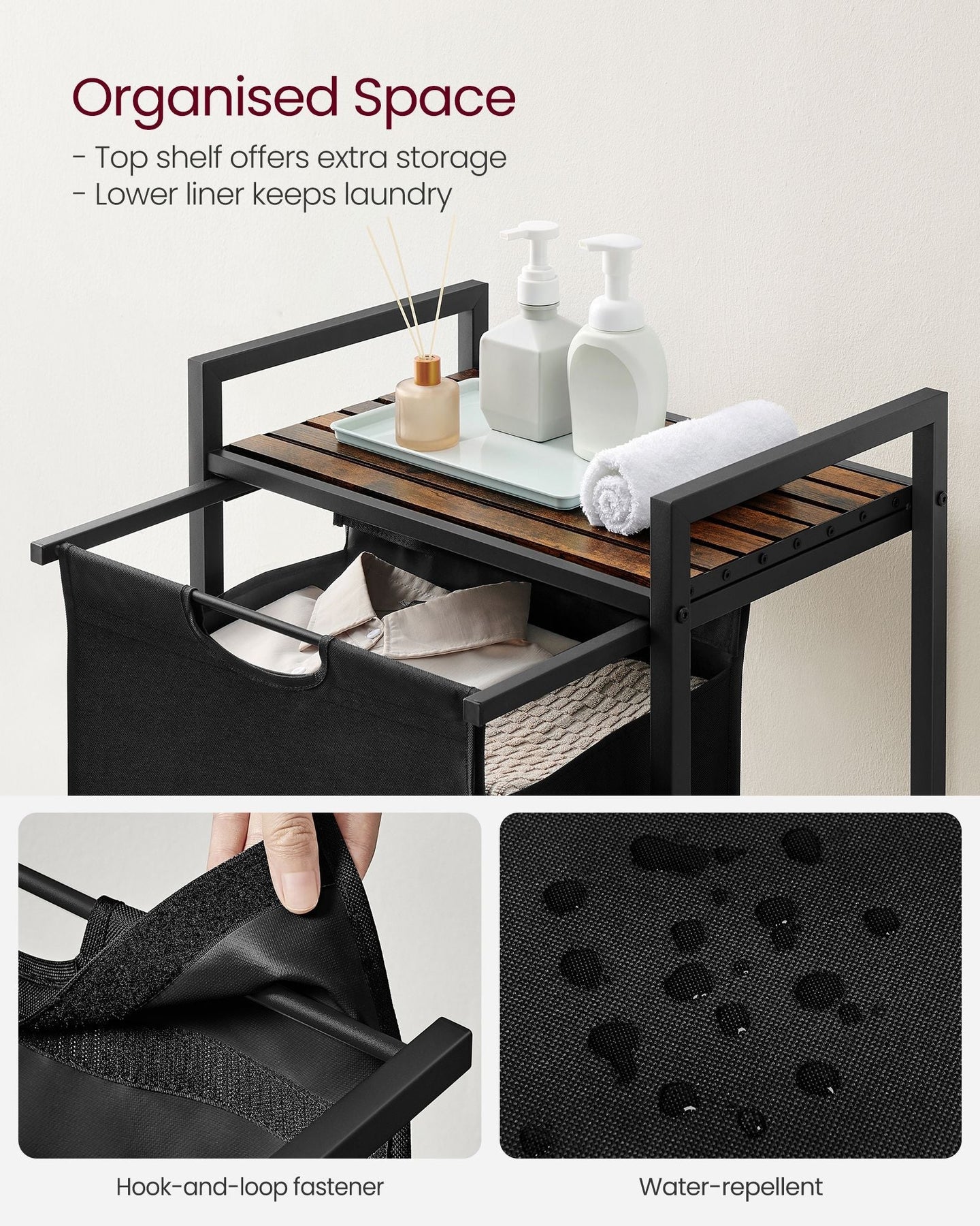 Laundry Basket - Metal Frame - Rustic Brown and Black - Pull-Out and Removable Bag