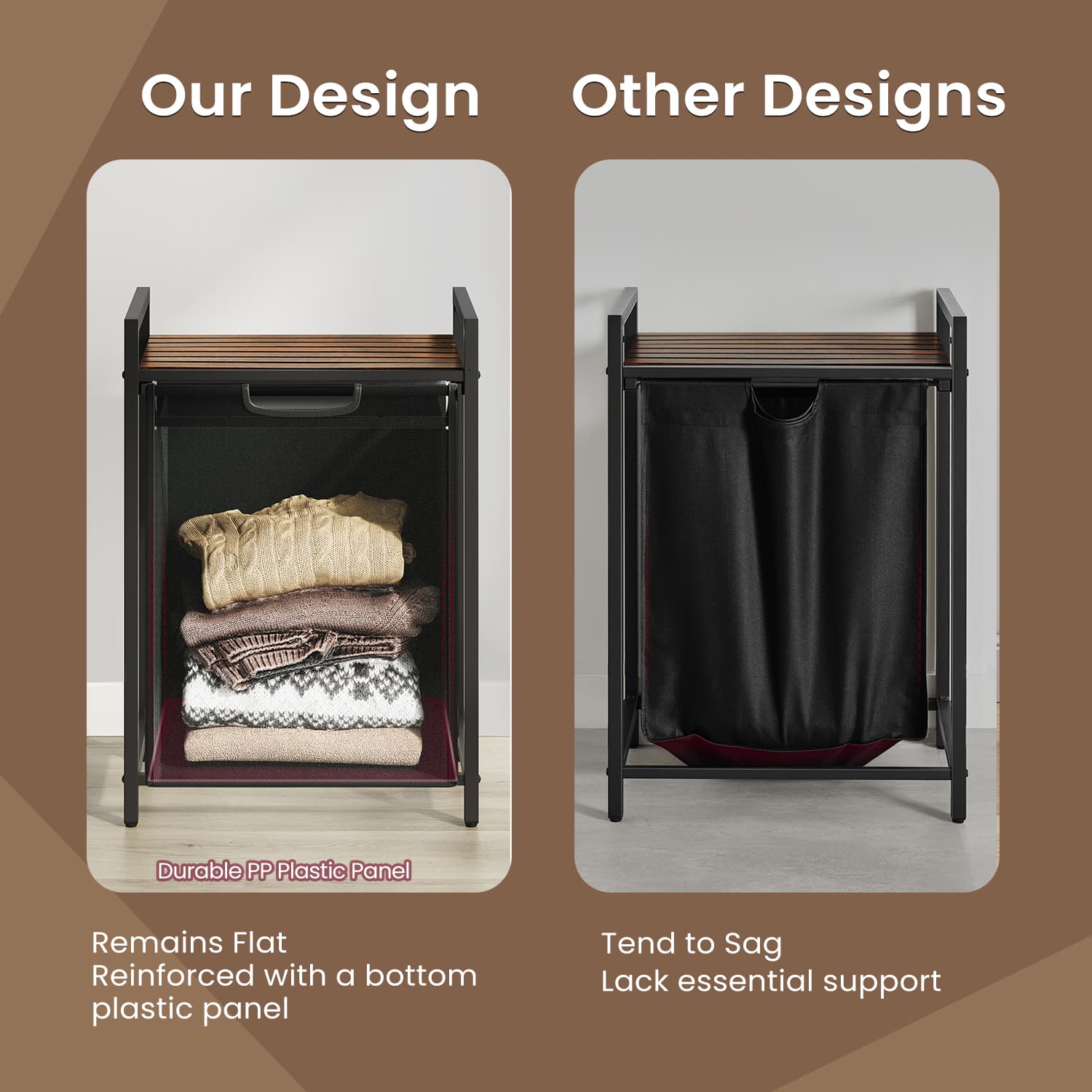Laundry Hamper - Metal - Rustic Brown and Black - Pull-Out Liner with Shelf