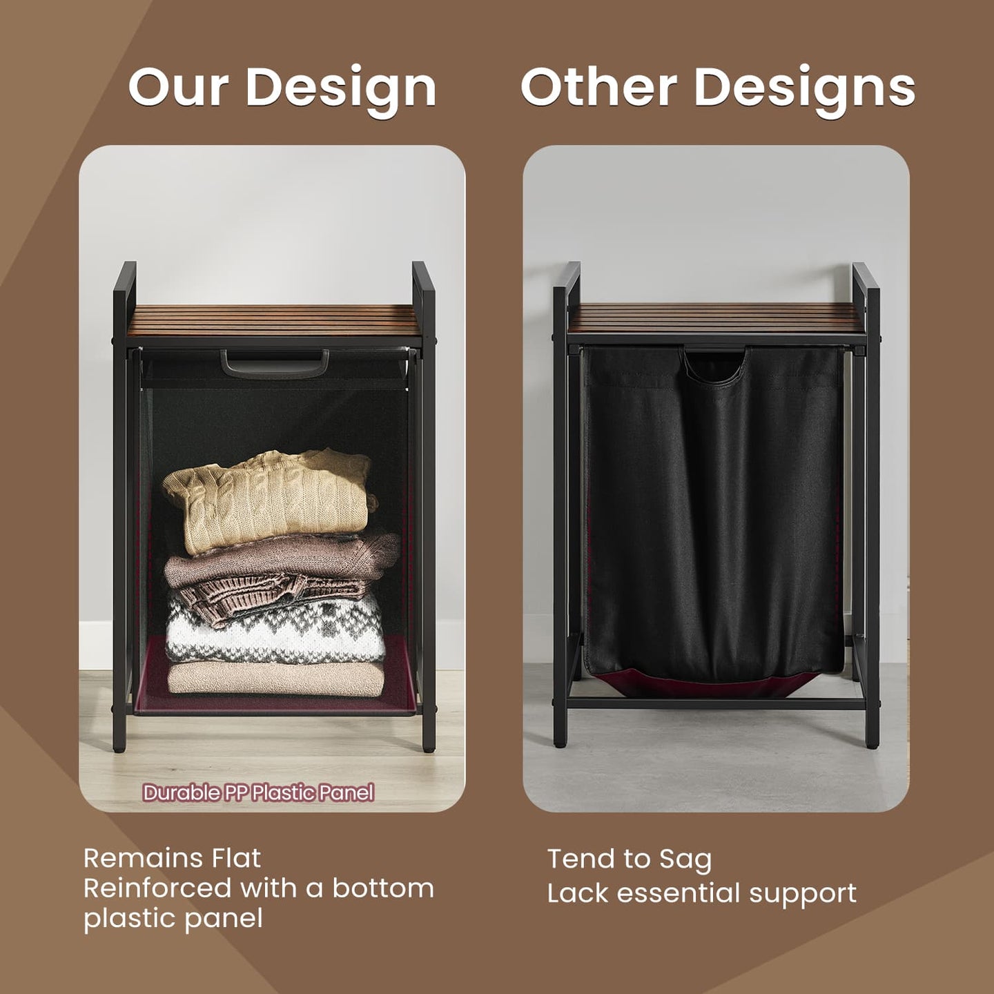 Laundry Hamper - Metal - Rustic Brown and Black - Pull-Out Liner with Shelf