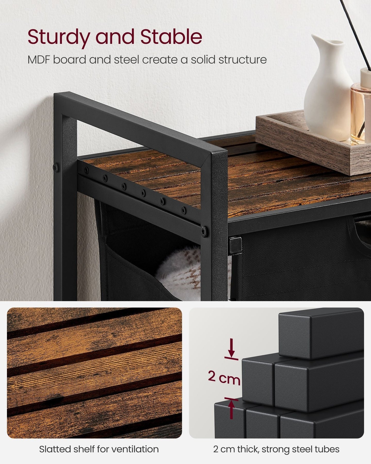 Laundry Basket - Metal Frame - Rustic Brown and Black - Pull-Out and Removable Bag