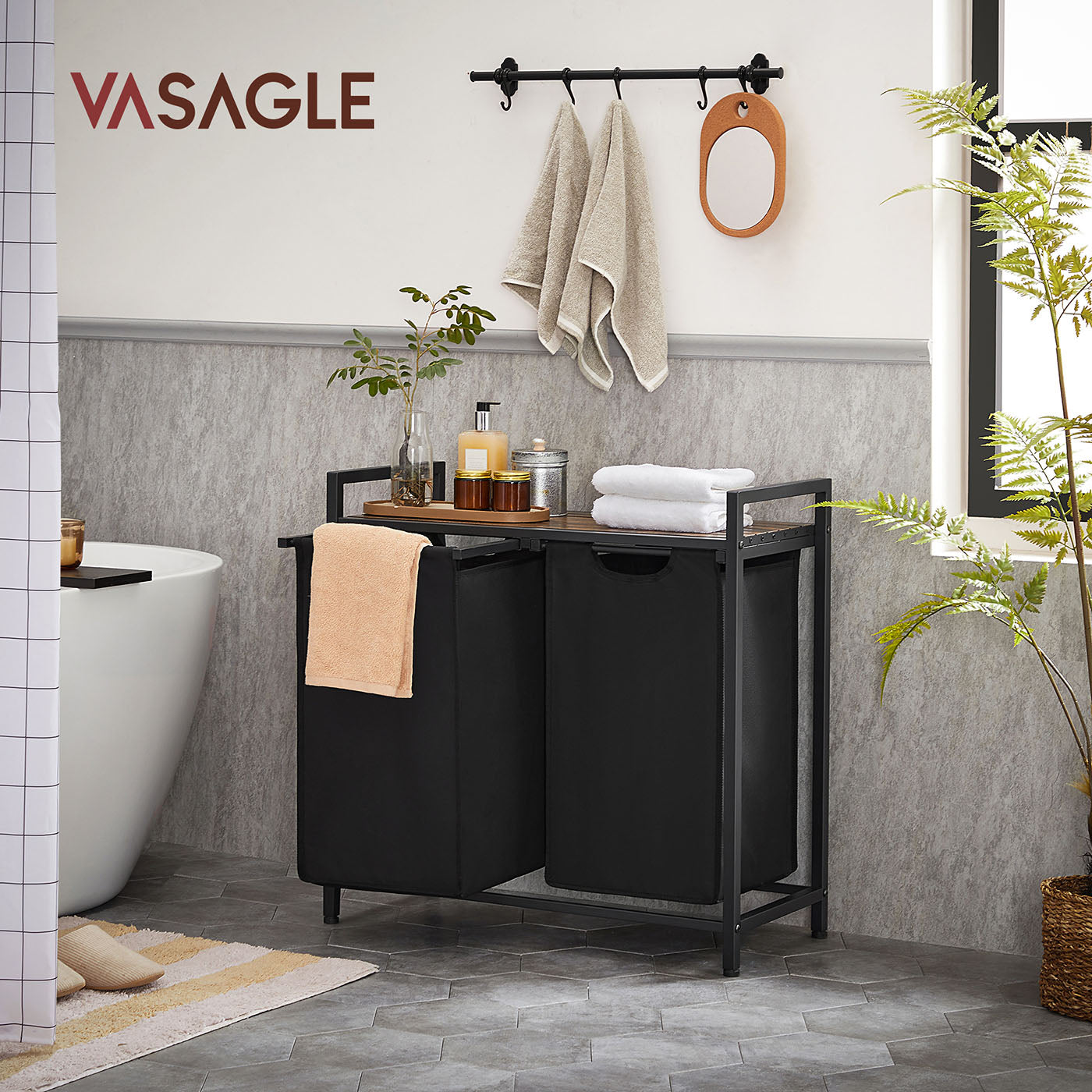 Laundry Sorter Hamper - Wood and Steel - Rustic Brown