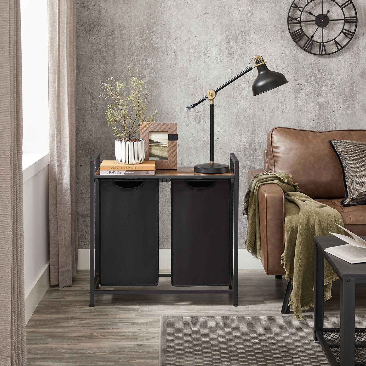 Laundry Sorter Hamper - Wood and Steel - Rustic Brown