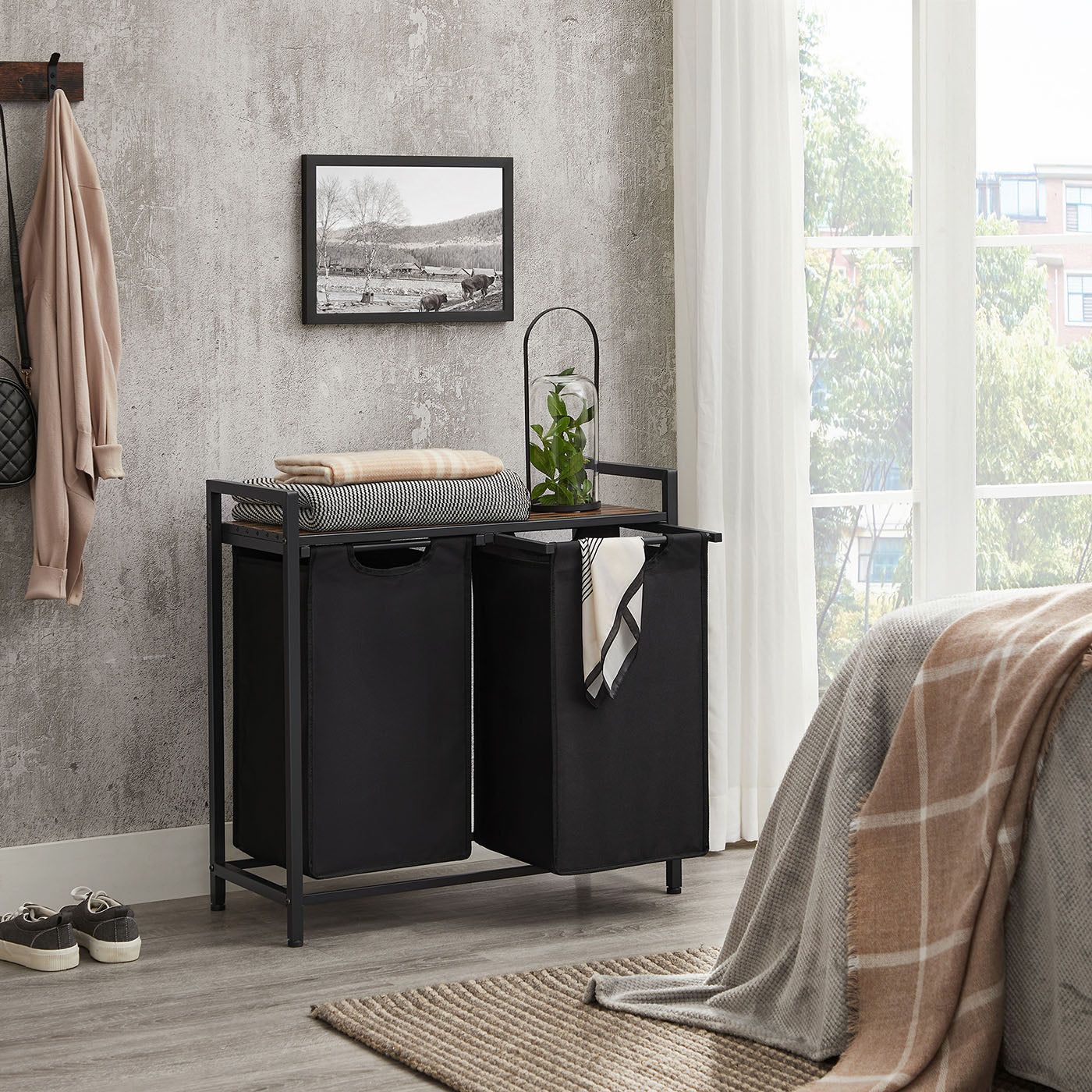 Laundry Sorter Hamper - Wood and Steel - Rustic Brown
