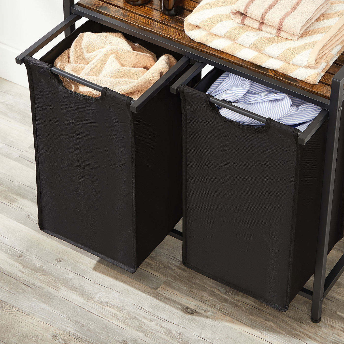 Laundry Sorter Hamper - Wood and Steel - Rustic Brown