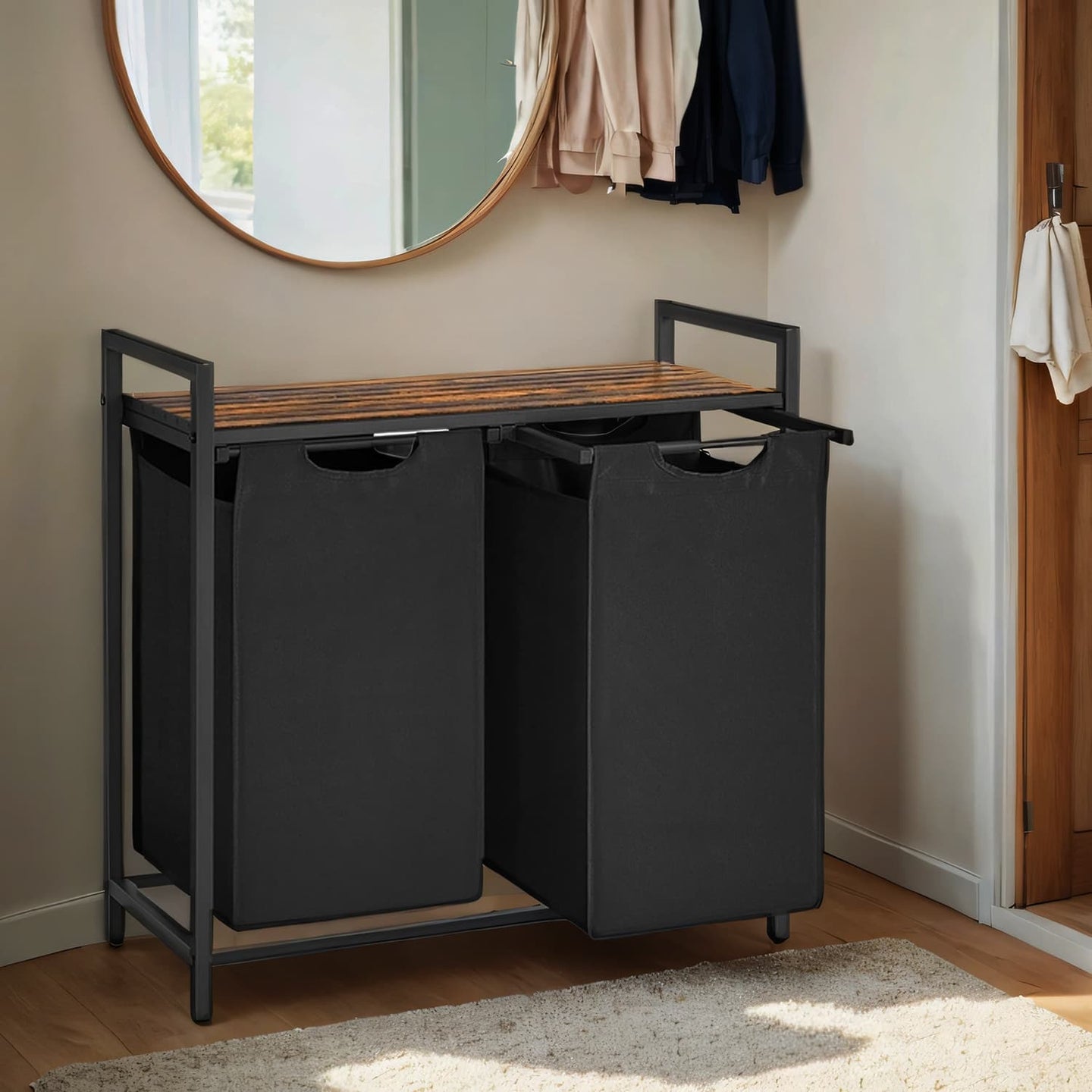 Laundry Hamper - Wood - Brown and Black - Two-Section with Removable Bags and Shelf