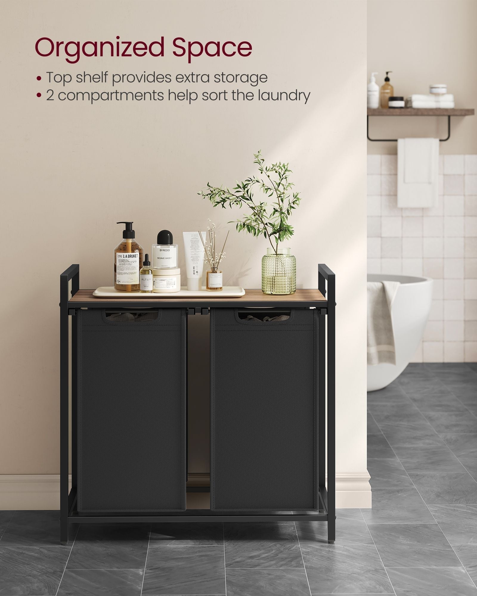 Laundry Hamper - Metal Frame - Rustic Brown and Black - 2-Compartment with Shelf and Removable Bags