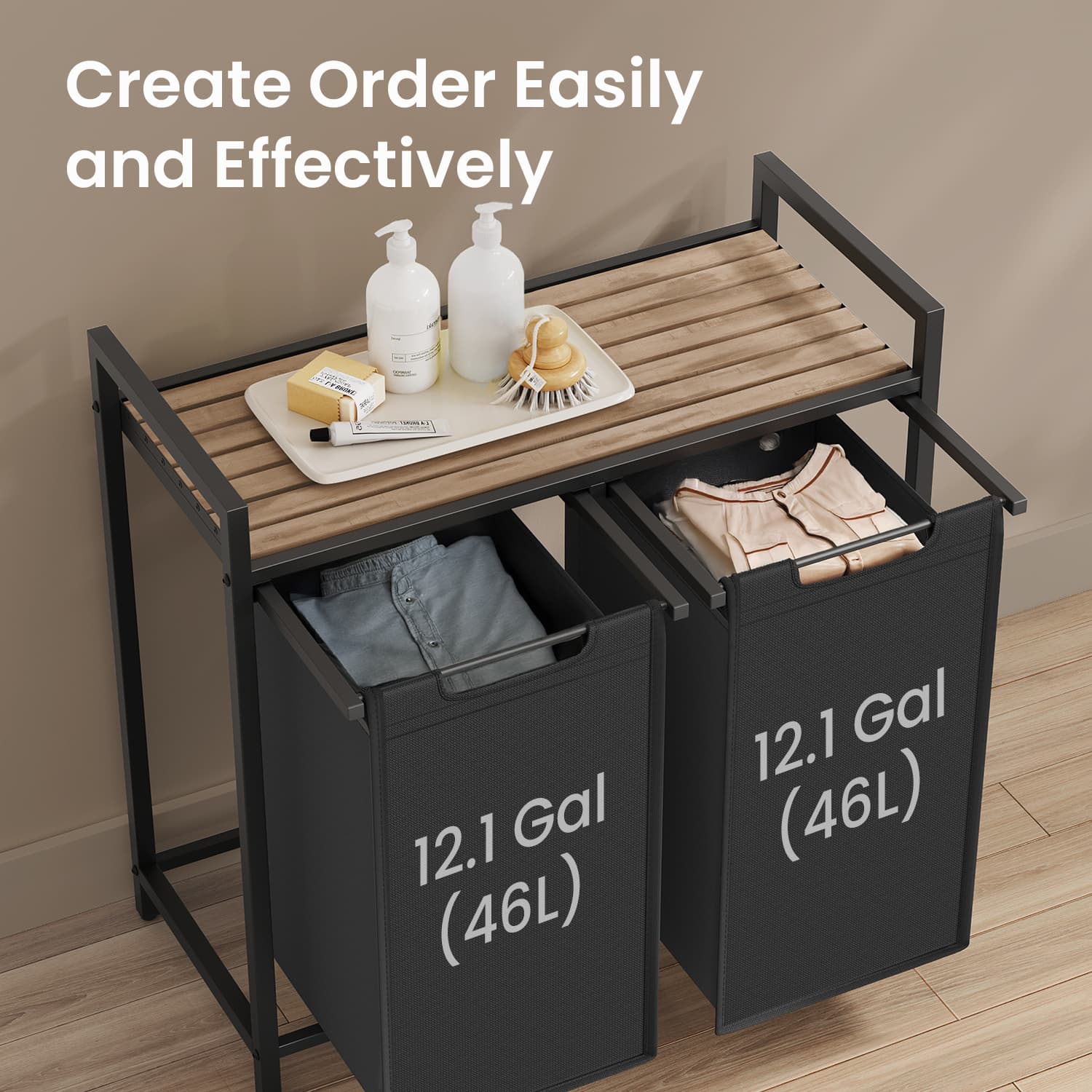 Laundry Hamper - Wood - Brown and Black - Two-Section with Removable Bags and Shelf