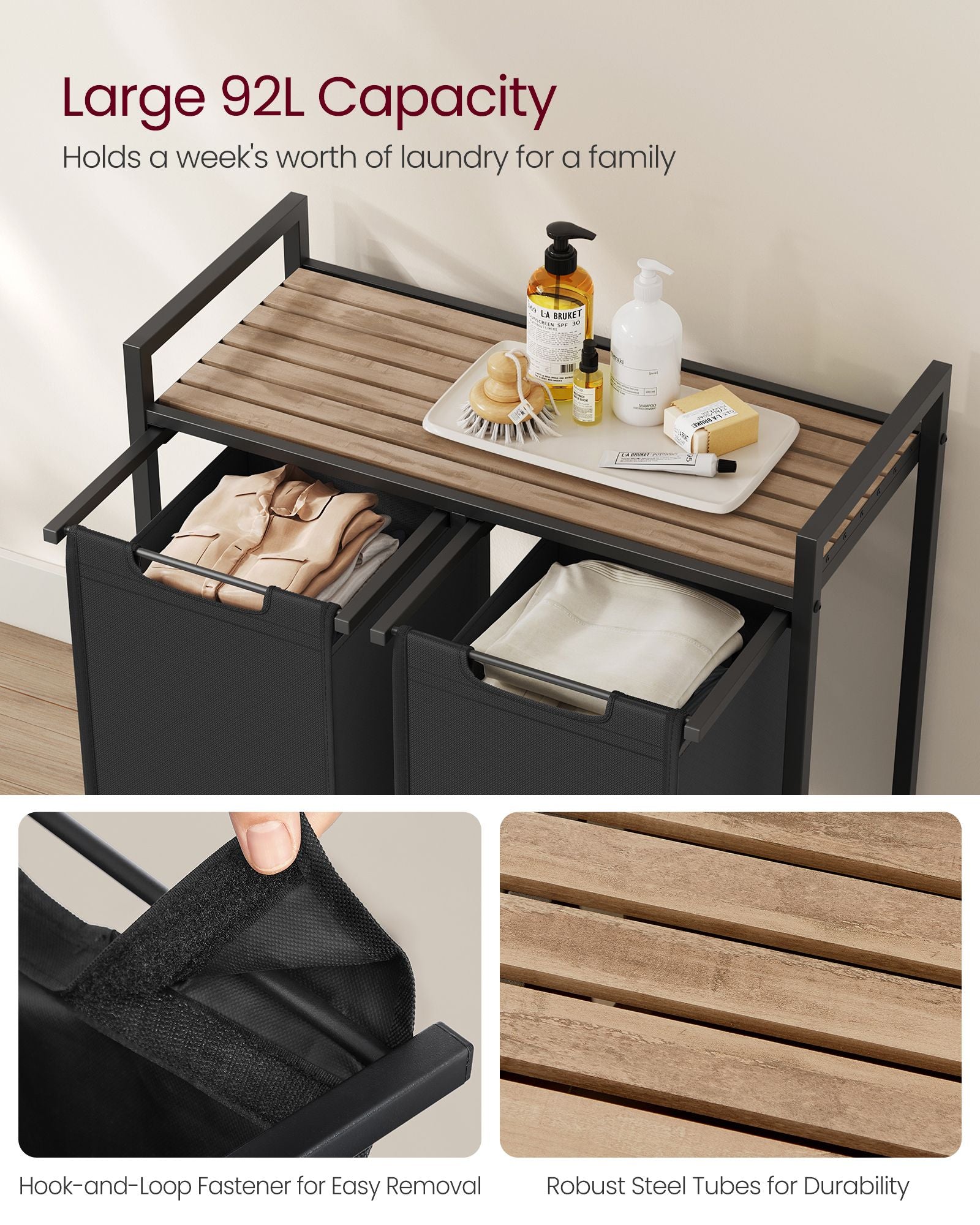 Laundry Hamper - Metal Frame - Rustic Brown and Black - 2-Compartment with Shelf and Removable Bags