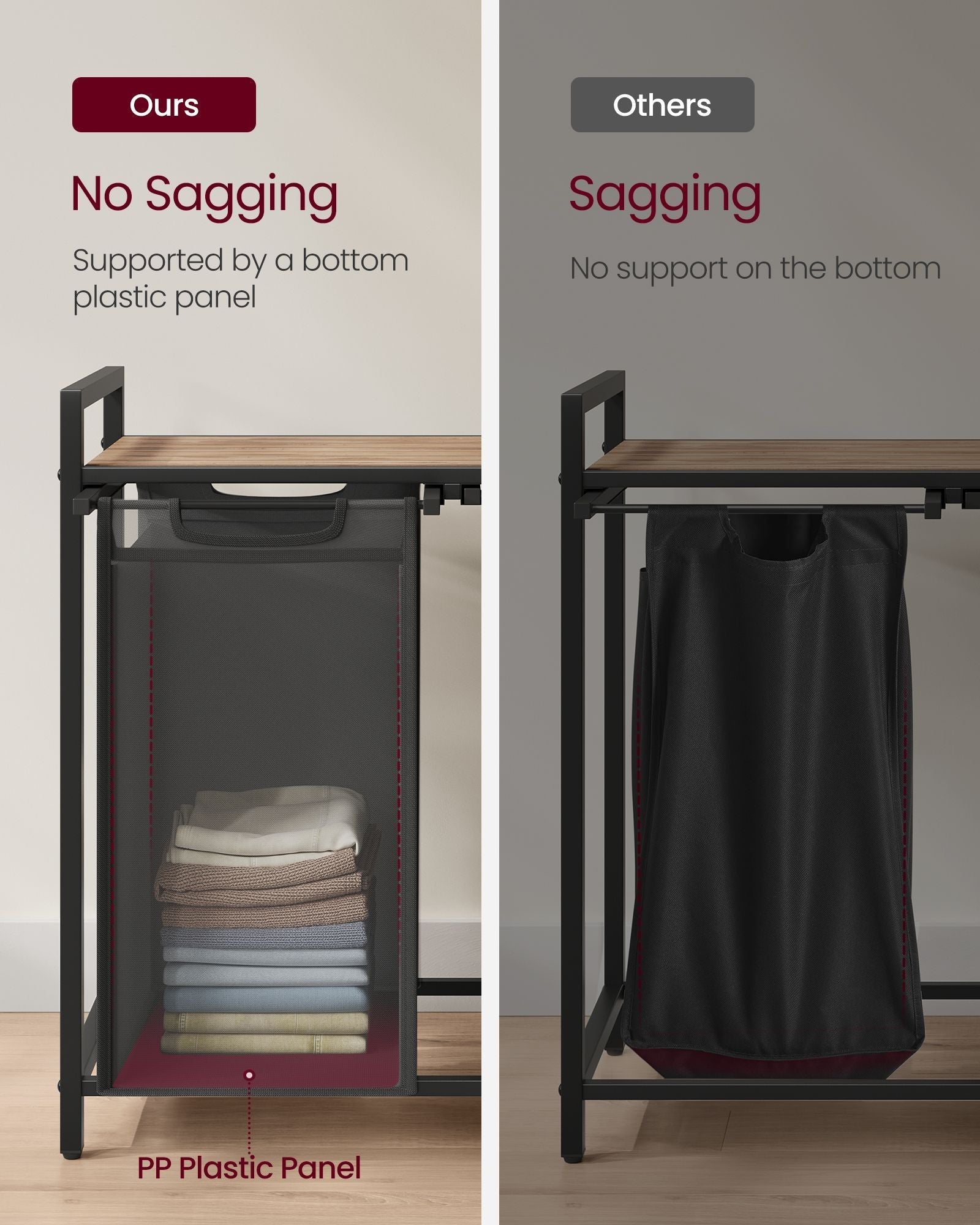 Laundry Hamper - Metal Frame - Rustic Brown and Black - 2-Compartment with Shelf and Removable Bags