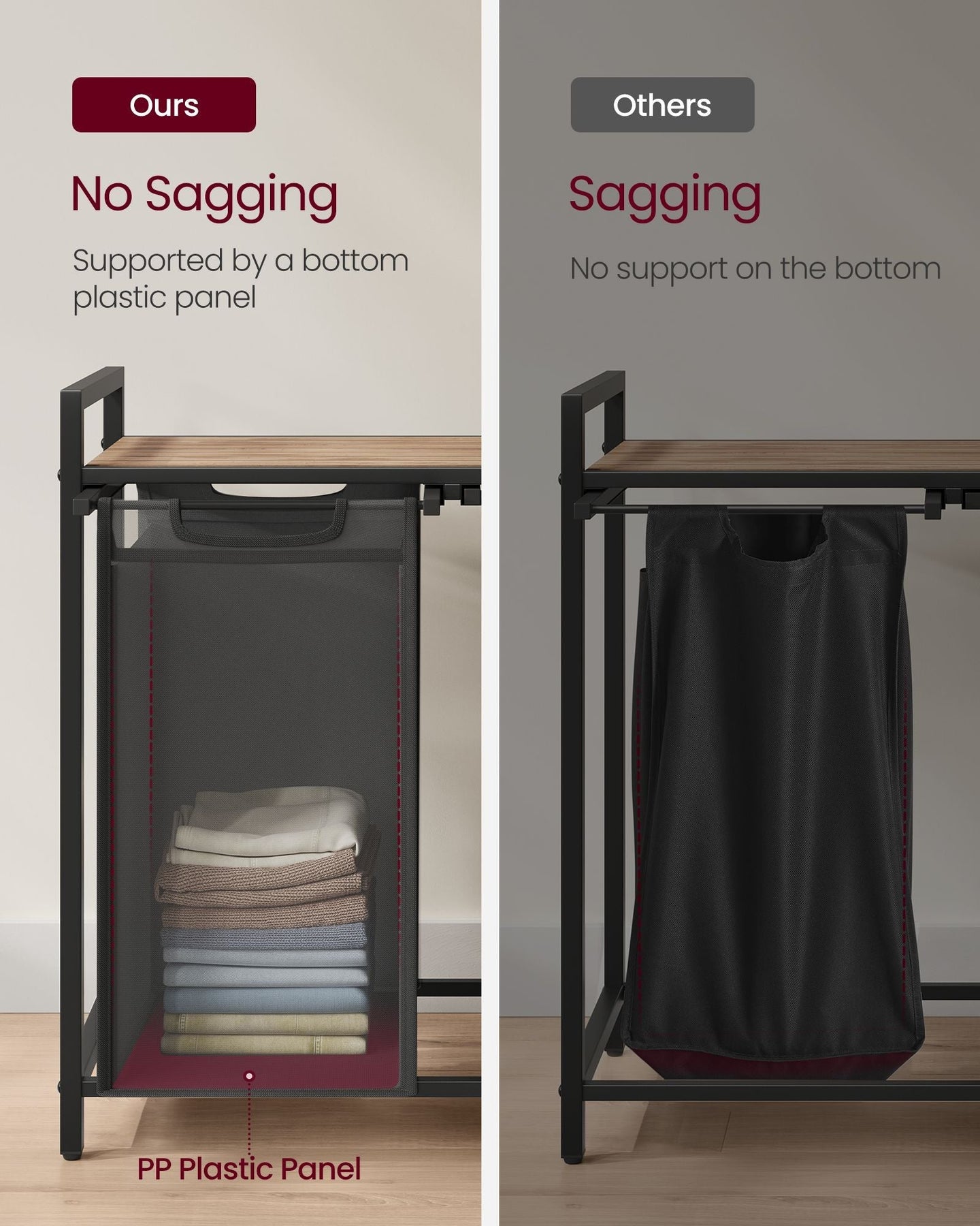 Laundry Hamper - Metal Frame - Rustic Brown and Black - 2-Compartment with Shelf and Removable Bags