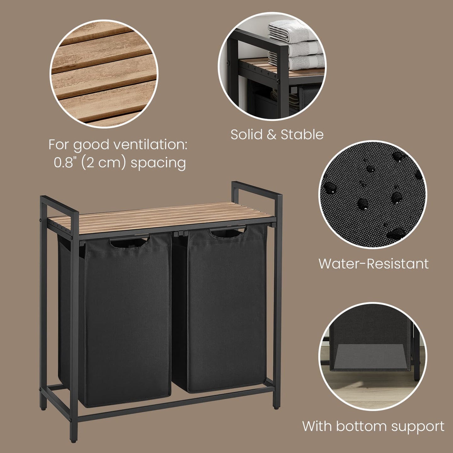Laundry Hamper - Wood - Brown and Black - Two-Section with Removable Bags and Shelf