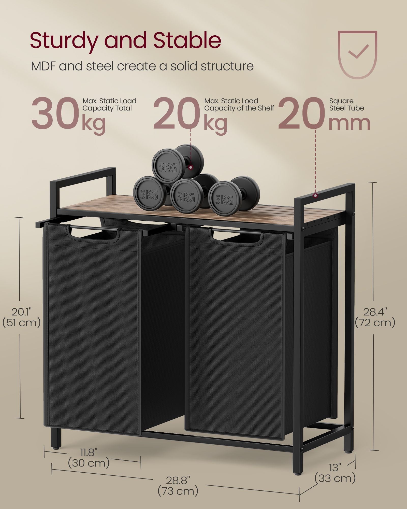 Laundry Hamper - Metal Frame - Rustic Brown and Black - 2-Compartment with Shelf and Removable Bags