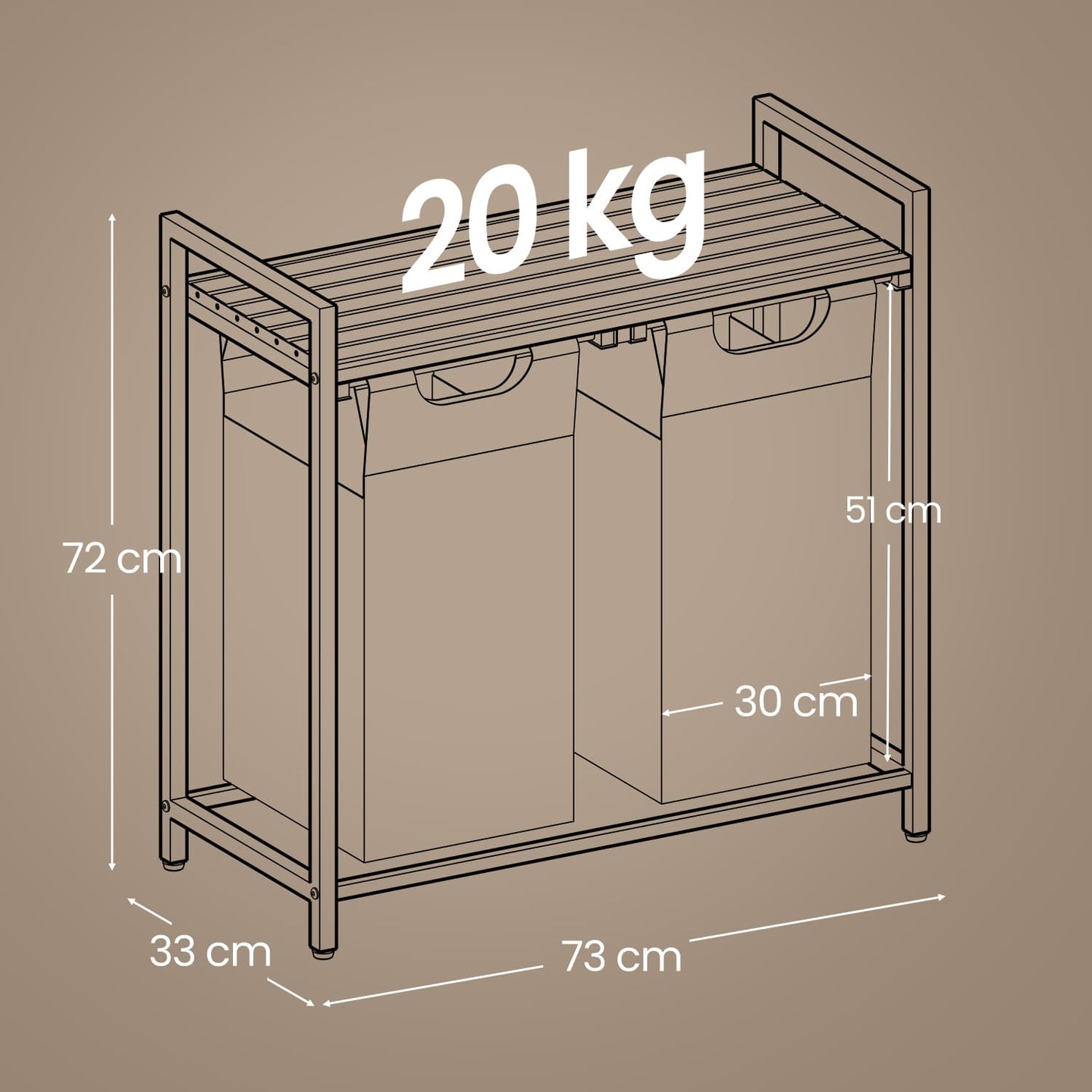 Laundry Hamper - Wood - Brown and Black - Two-Section with Removable Bags and Shelf