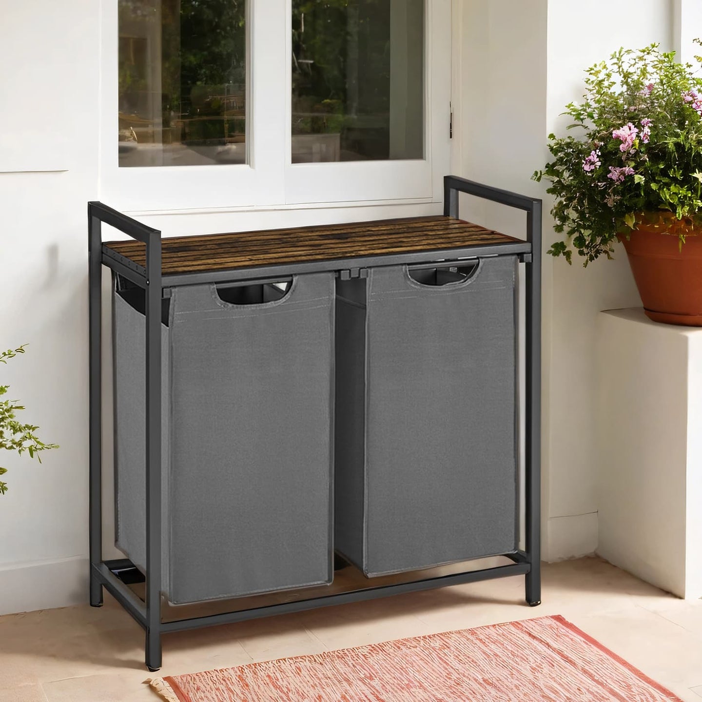 Laundry Hamper - Fabric - Brown and Grey - 2-Section with Removable Bags and Shelf