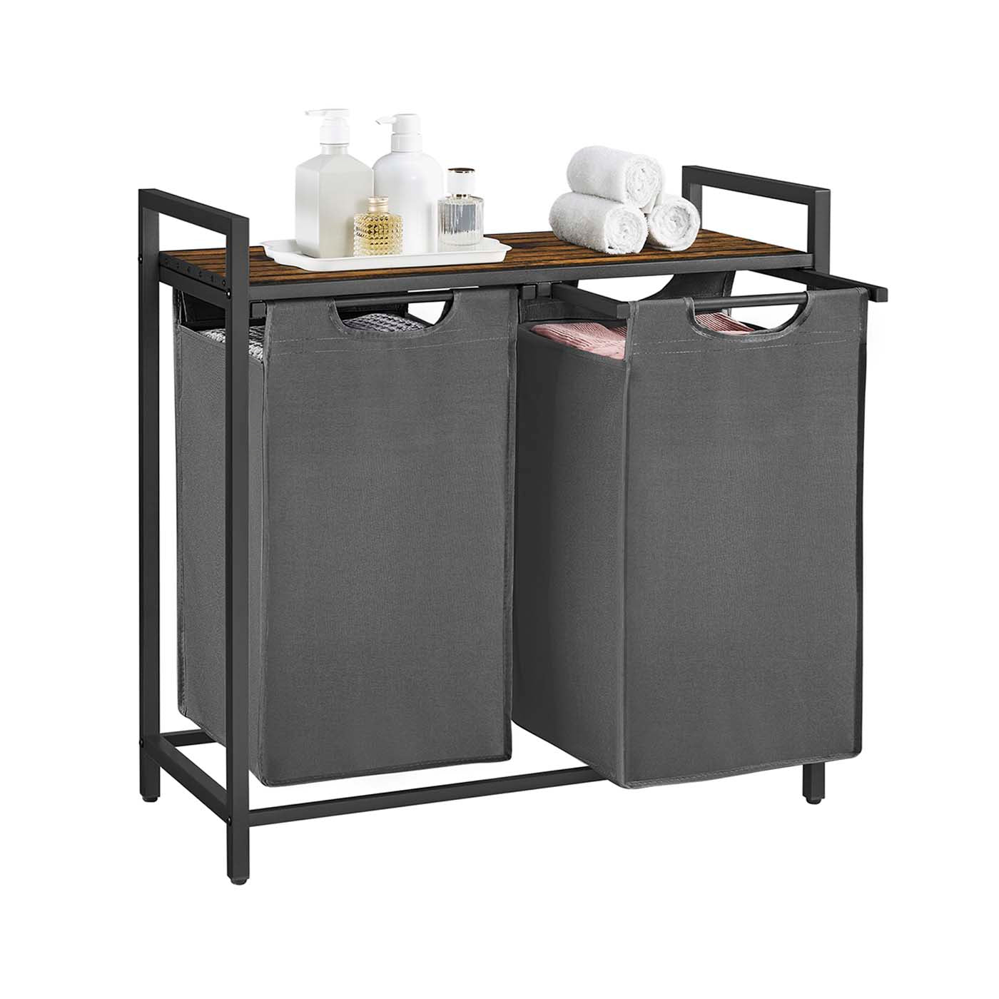 Laundry Hamper - Metal Frame - Rustic Brown and Black - 2-Compartment with Shelf and Removable Bags