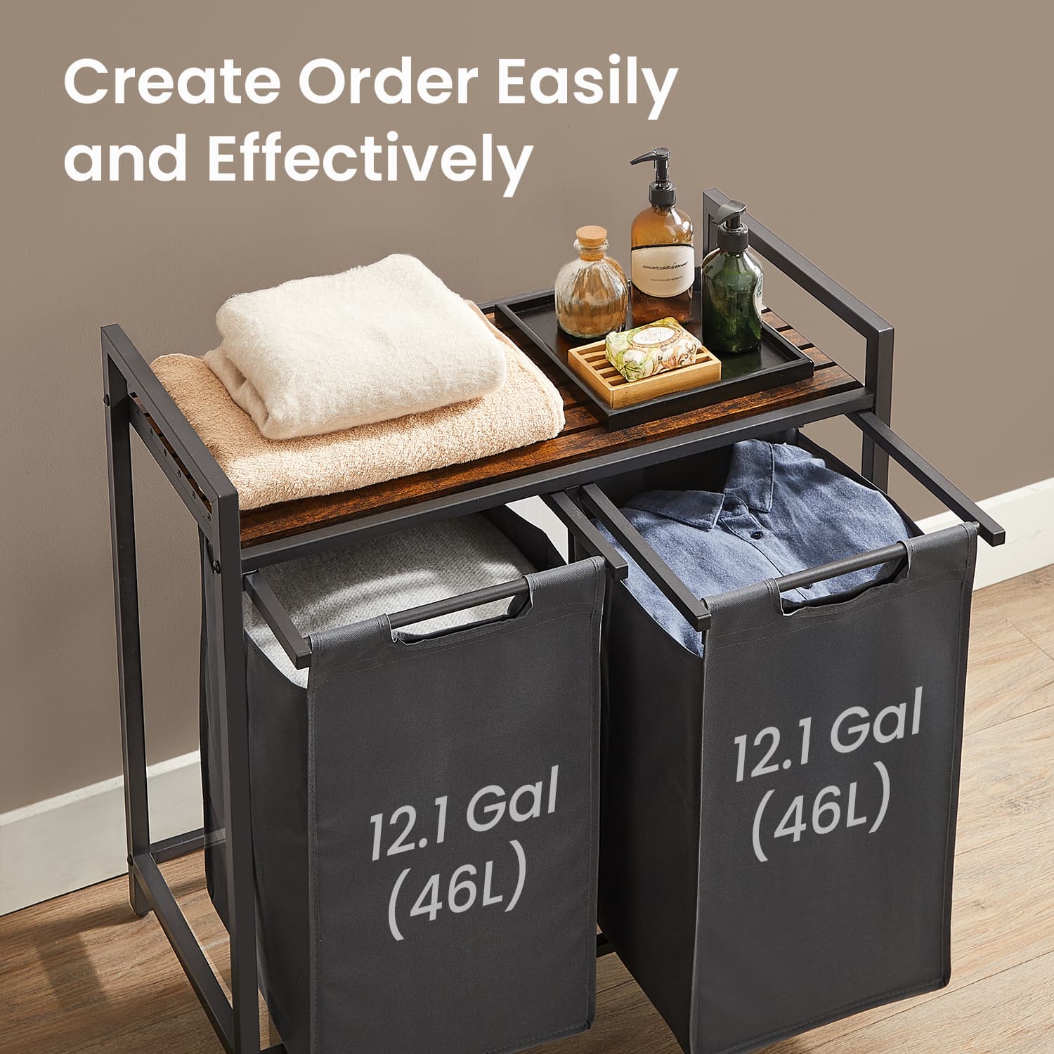 Laundry Hamper - Fabric - Brown and Grey - 2-Section with Removable Bags and Shelf
