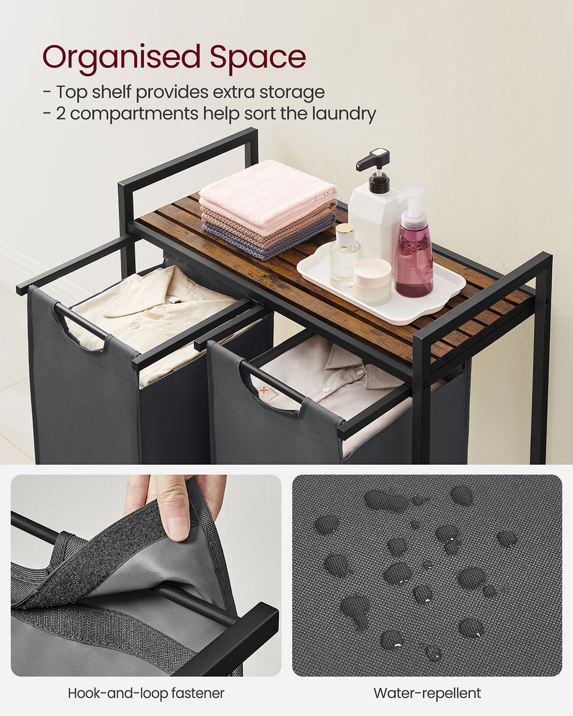 Laundry Hamper - Metal Frame - Rustic Brown and Black - 2-Compartment with Shelf and Removable Bags