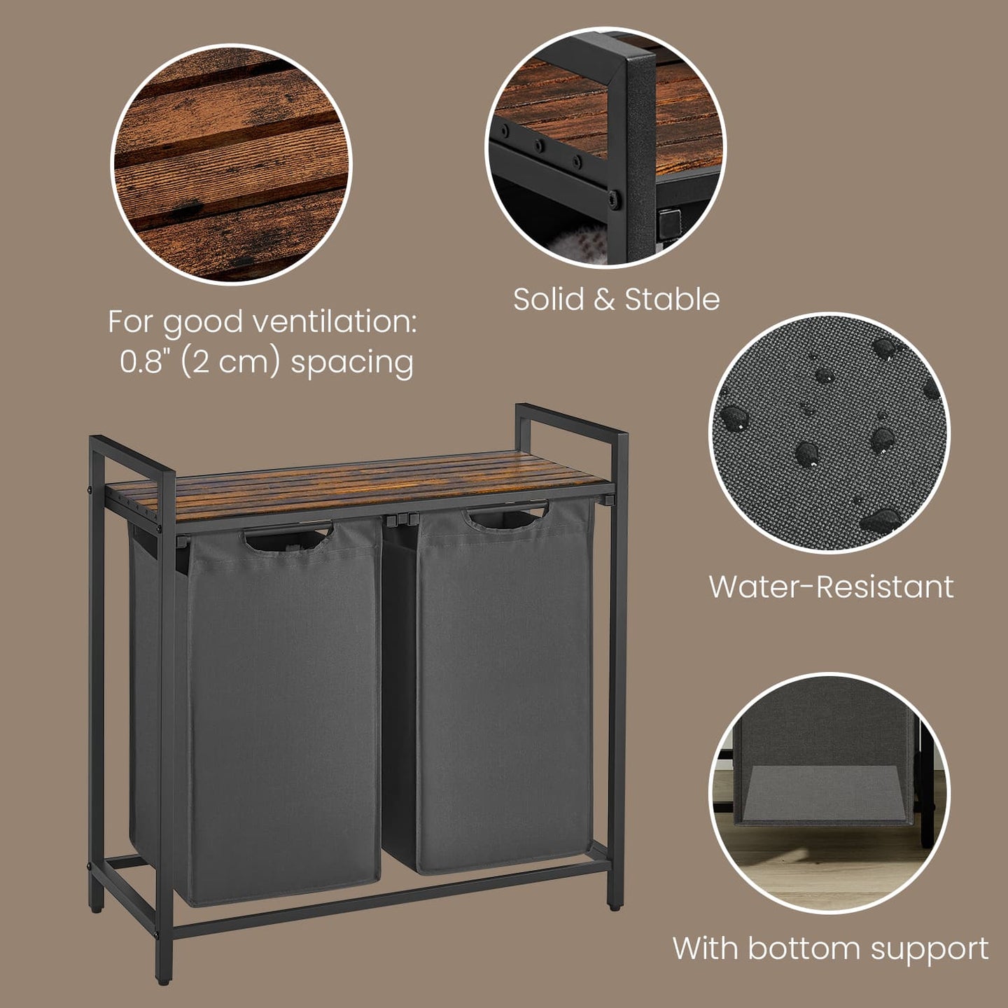 Laundry Hamper - Fabric - Brown and Grey - 2-Section with Removable Bags and Shelf