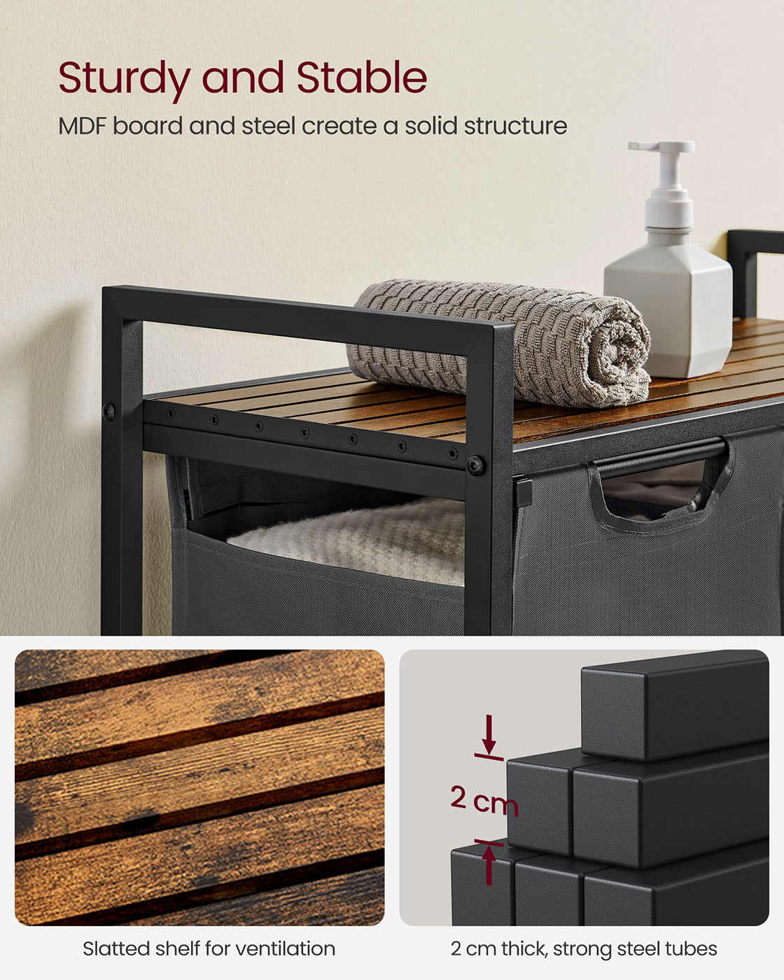 Laundry Hamper - Metal Frame - Rustic Brown and Black - 2-Compartment with Shelf and Removable Bags