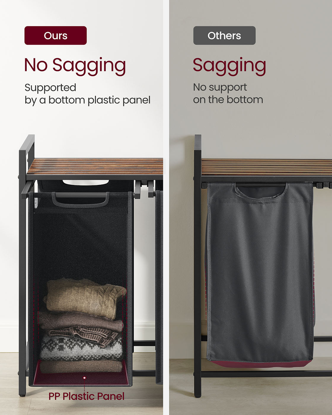 Laundry Hamper - Metal Frame - Rustic Brown and Black - 2-Compartment with Shelf and Removable Bags