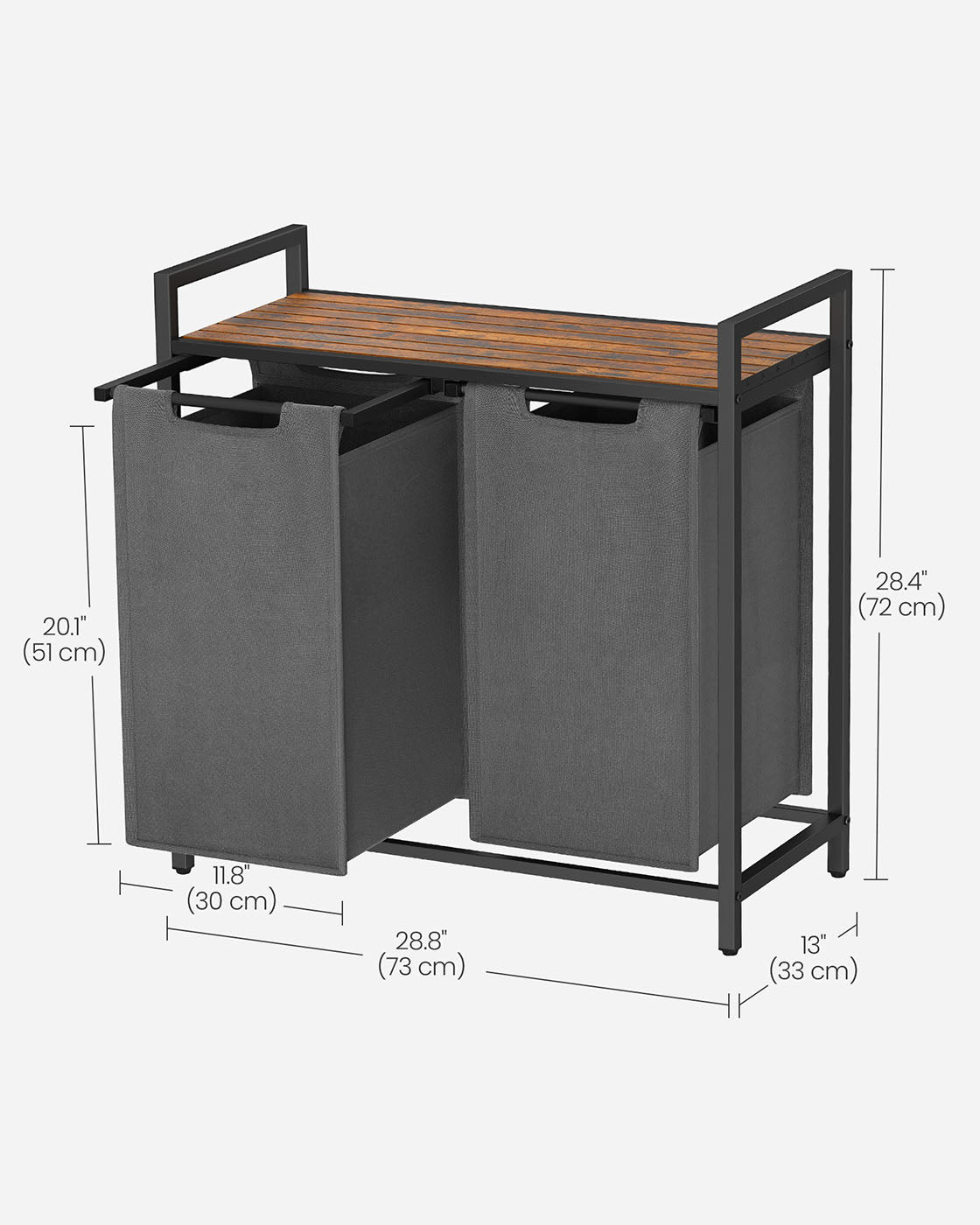 Laundry Hamper - Metal Frame - Rustic Brown and Black - 2-Compartment with Shelf and Removable Bags