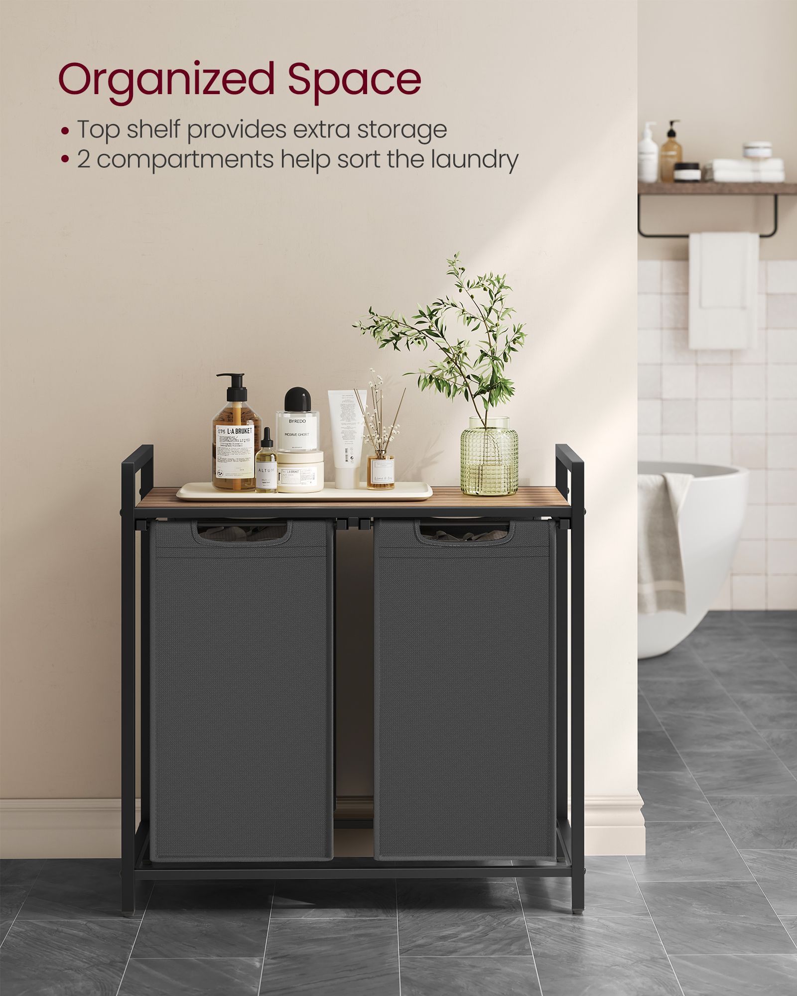 2-Compartment Laundry Hamper - Oxford Fabric - Rustic Brown and Black - Removable Bags with Shelf