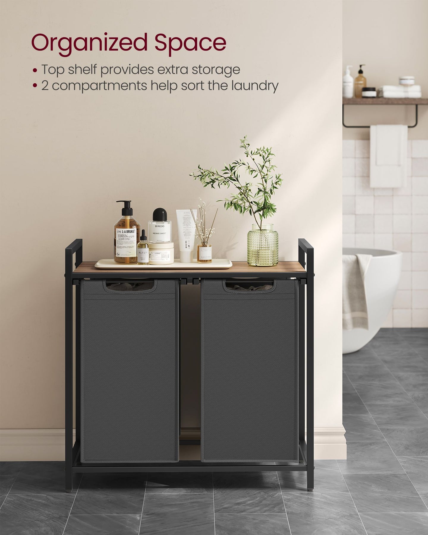 2-Compartment Laundry Hamper - Oxford Fabric - Rustic Brown and Black - Removable Bags with Shelf