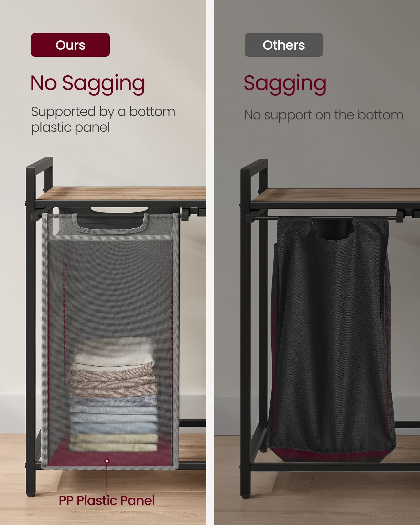 2-Compartment Laundry Hamper - Oxford Fabric - Rustic Brown and Black - Removable Bags with Shelf