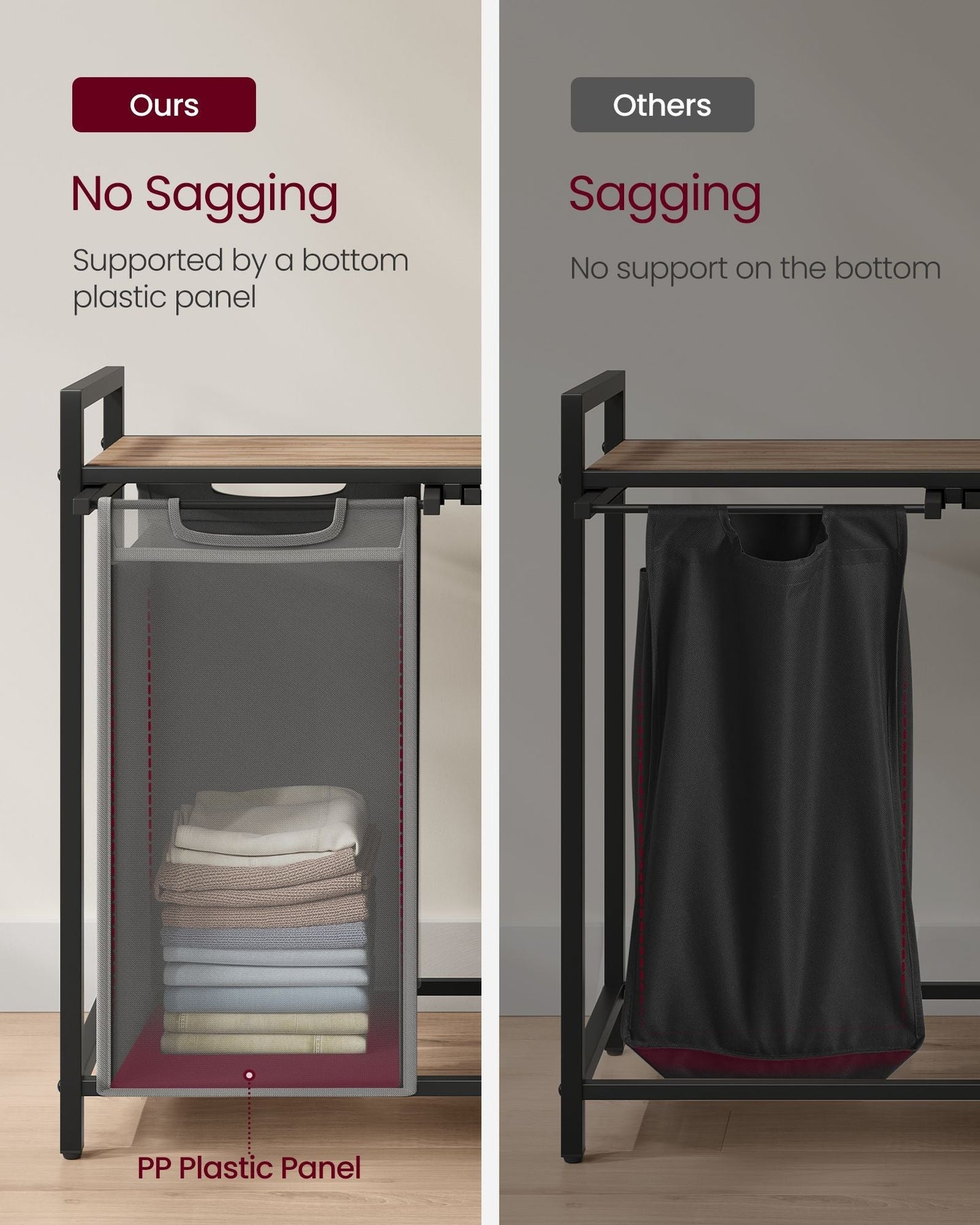 2-Compartment Laundry Hamper - Oxford Fabric - Rustic Brown and Black - Removable Bags with Shelf