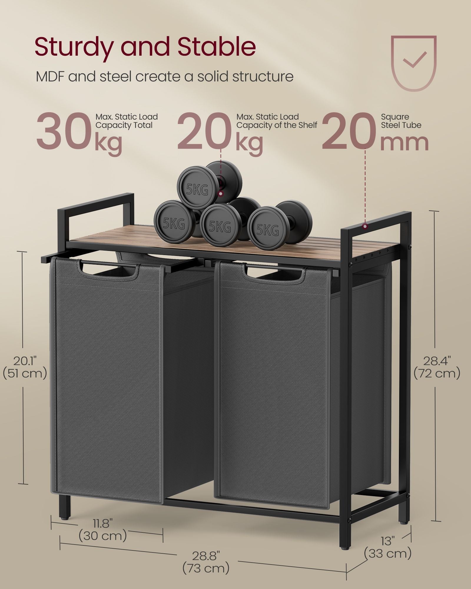 2-Compartment Laundry Hamper - Oxford Fabric - Rustic Brown and Black - Removable Bags with Shelf