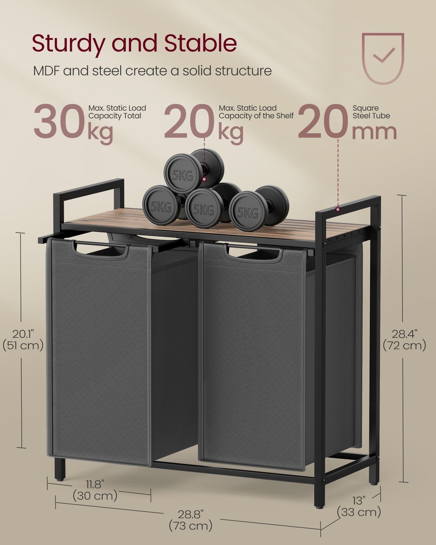 2-Compartment Laundry Hamper - Oxford Fabric - Rustic Brown and Black - Removable Bags with Shelf