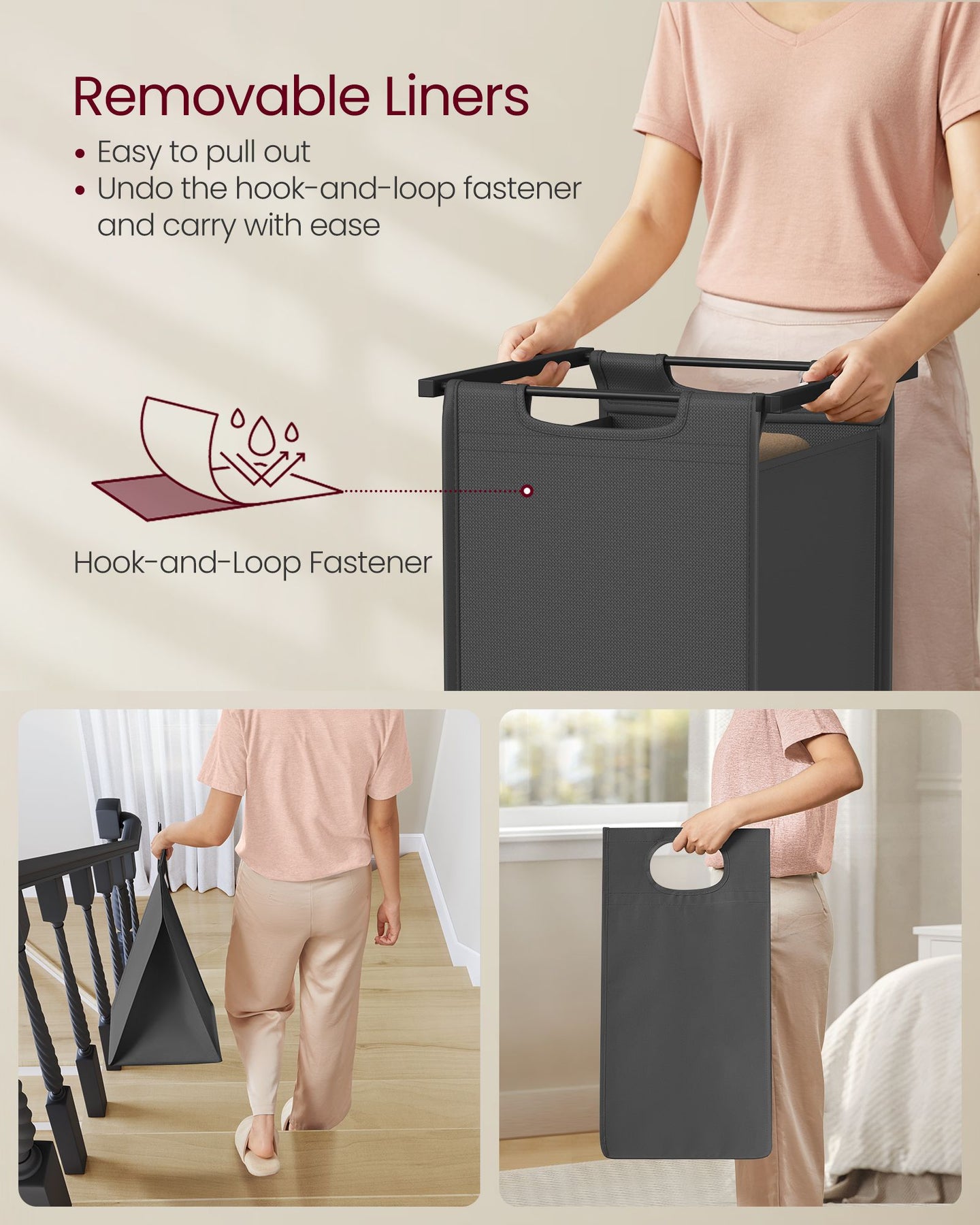 2-Compartment Laundry Hamper - Oxford Fabric - Rustic Brown and Black - Removable Bags with Shelf