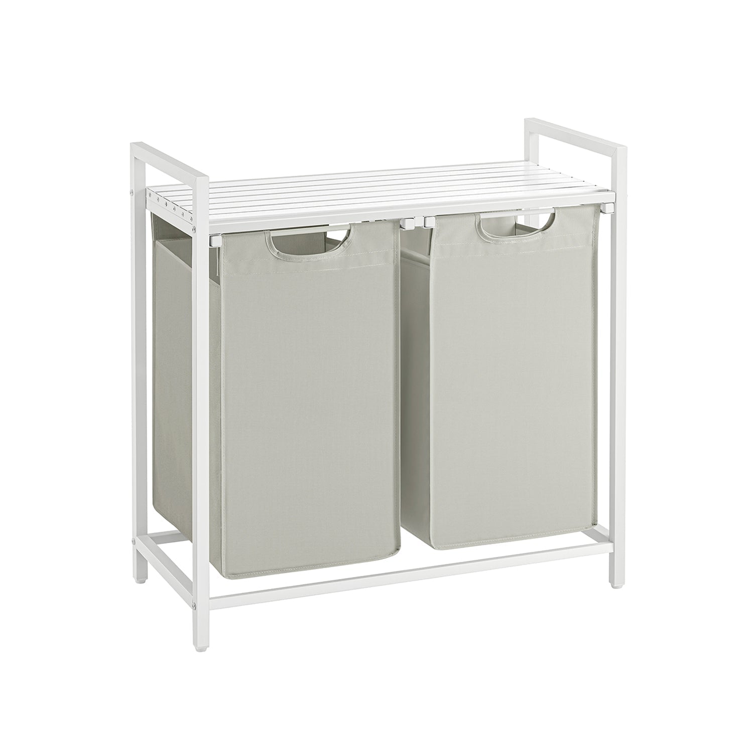 Laundry Basket - Metal Frame - White with Rustic Brown Accents - Includes Shelf and Removable Bags